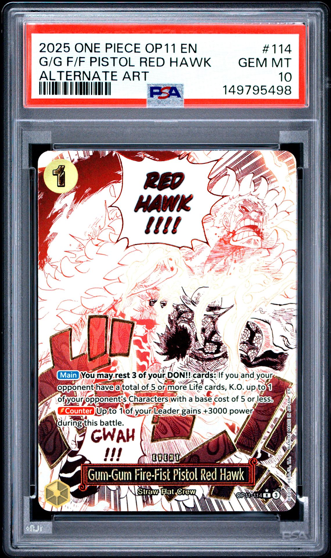 2025 One Piece Op11-A Fist Of Divine Speed G/G F/F Pistol Red Hawk #114 (Alternate Art) Gem Mt 10 front view - PSA graded GEM MT 10