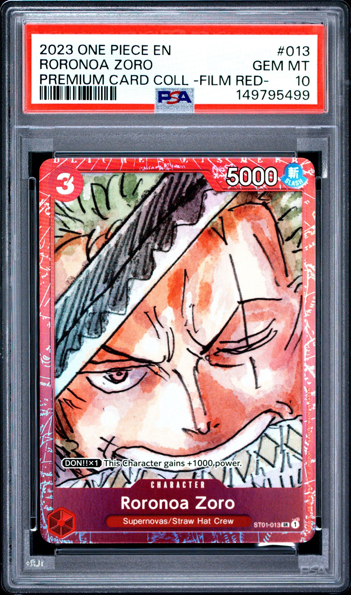 2023 One Piece Premium Card Collection -One Piece Film Red- Roronoa Zoro #013 Gem Mt 10 front view - PSA graded GEM MT 10