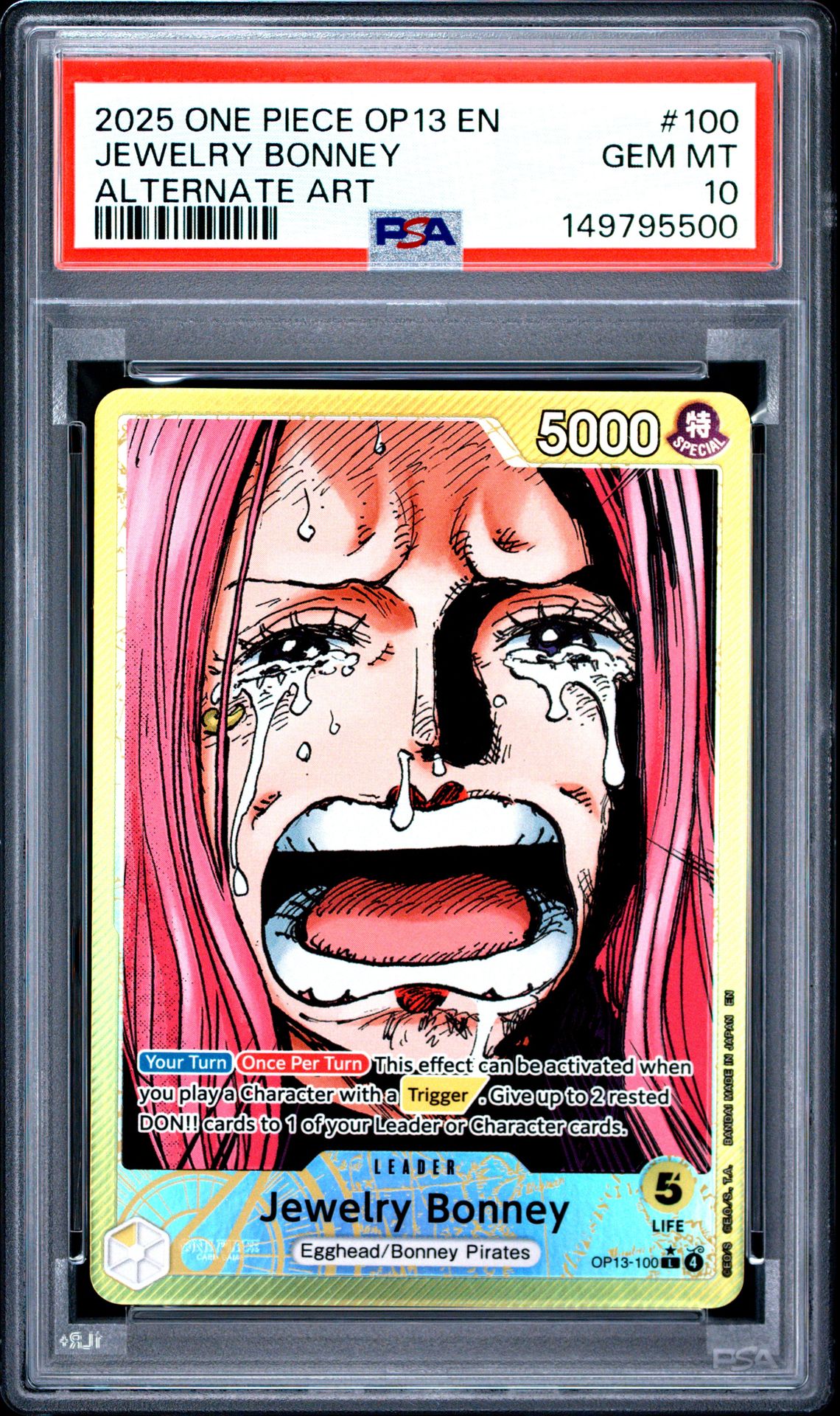 2025 One Piece Op13-Carrying On His Will Jewelry Bonney #100 (Alternate Art) Gem Mt 10 front view - PSA graded GEM MT 10