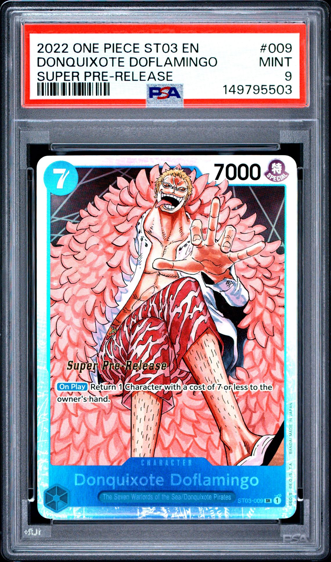 2022 One Piece Starter Deck St03-The Seven Warlords Of The Sea Donquixote Doflamingo #009 (Super Pre-Release) Mint 9 front