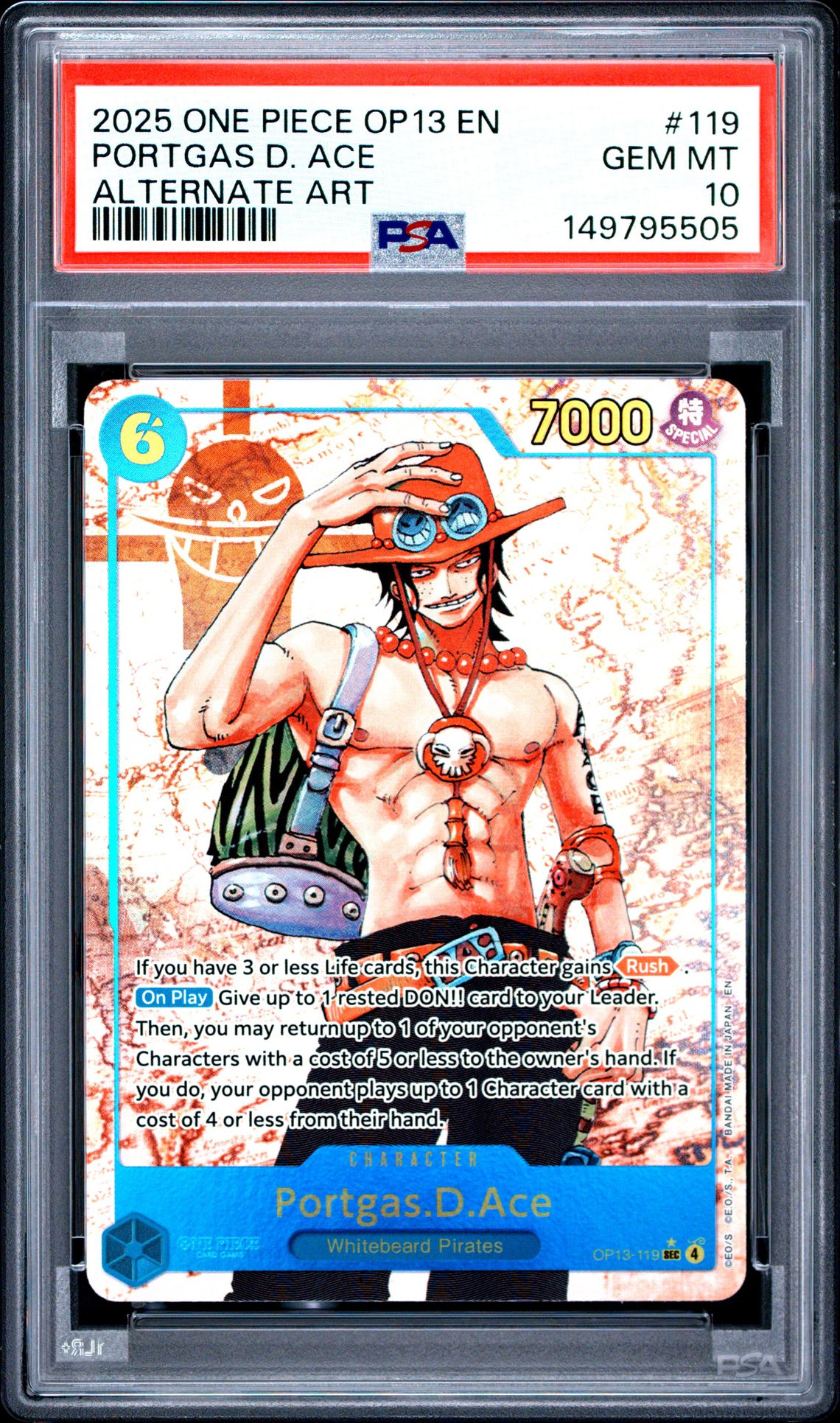 2025 One Piece Op13-Carrying On His Will Portgas D. Ace #119 (Alternate Art) Gem Mt 10 front view - PSA graded GEM MT 10
