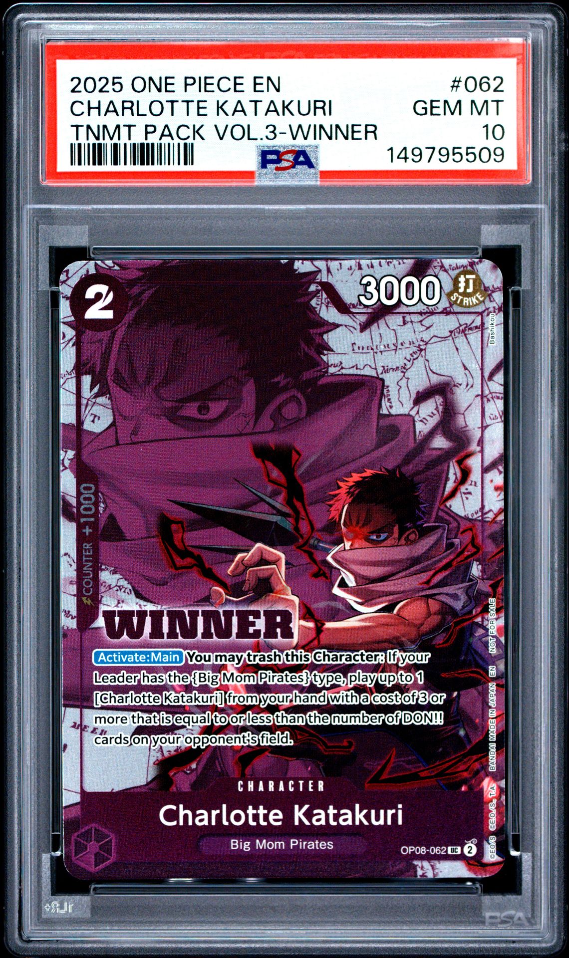 2025 One Piece Tournament Pack Vol.3 Charlotte Katakuri #062 (Tnmt Pack Vol.3-Winner) Gem Mt 10 front view - PSA graded GEM MT 10