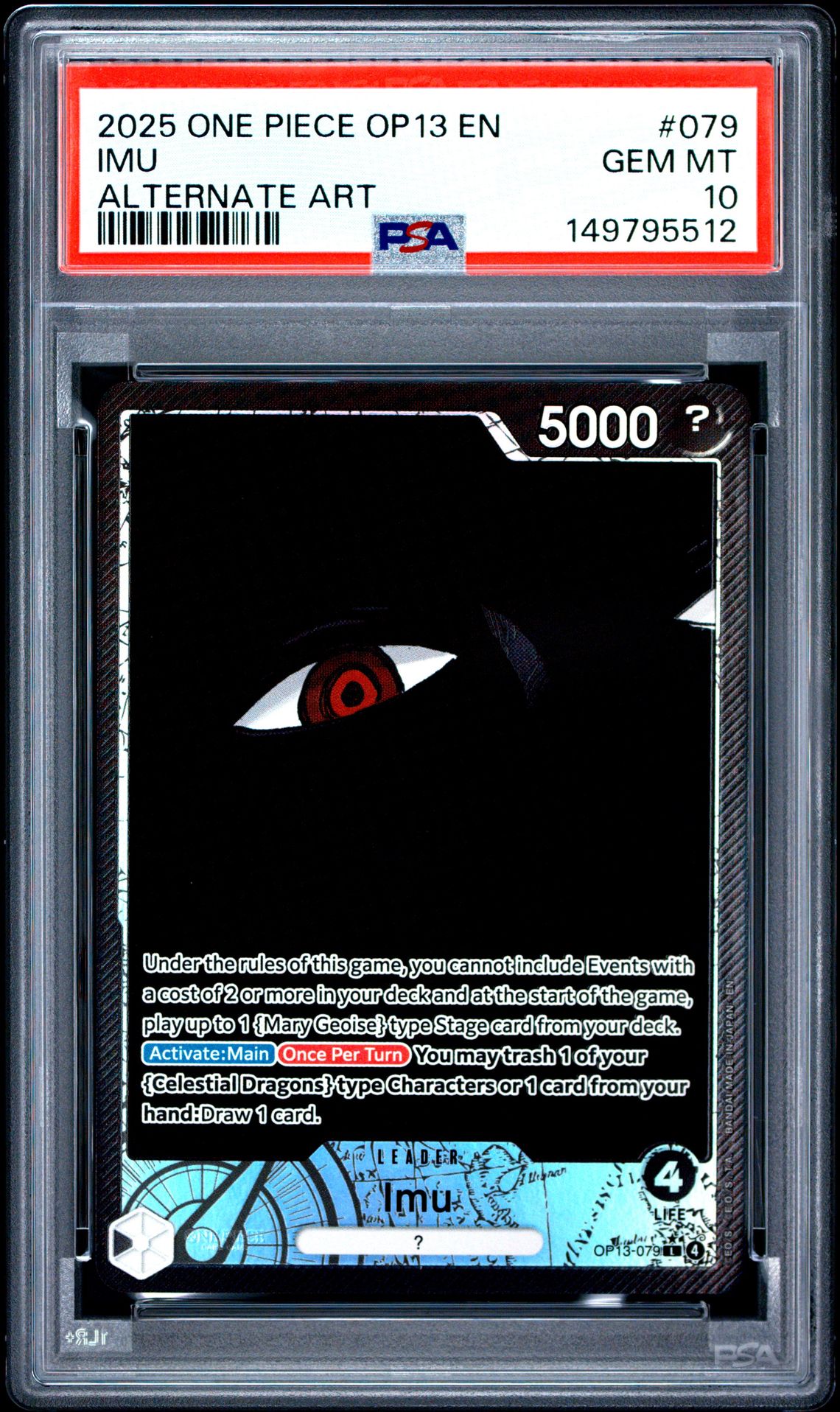 2025 ONE PIECE OP13-CARRYING ON HIS WILL IMU ALTERNATE ART 079 GEM MT 10 front