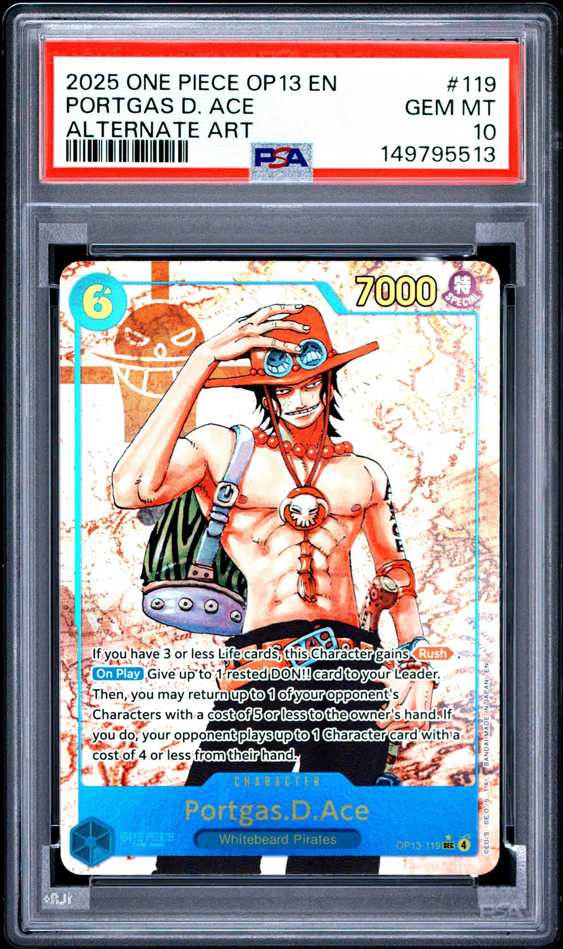 2025 One Piece Op13-Carrying On His Will Portgas D. Ace #119 (Alternate Art) Gem Mt 10 front view - PSA graded GEM MT 10