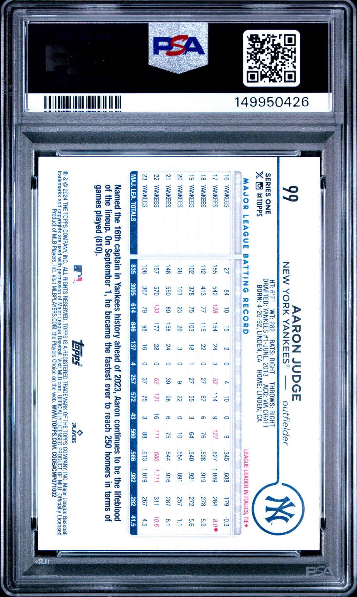 2024 Topps Aaron Judge #99 (Asg Exclusive) Gem Mt 10 back view - PSA certificate #149950426