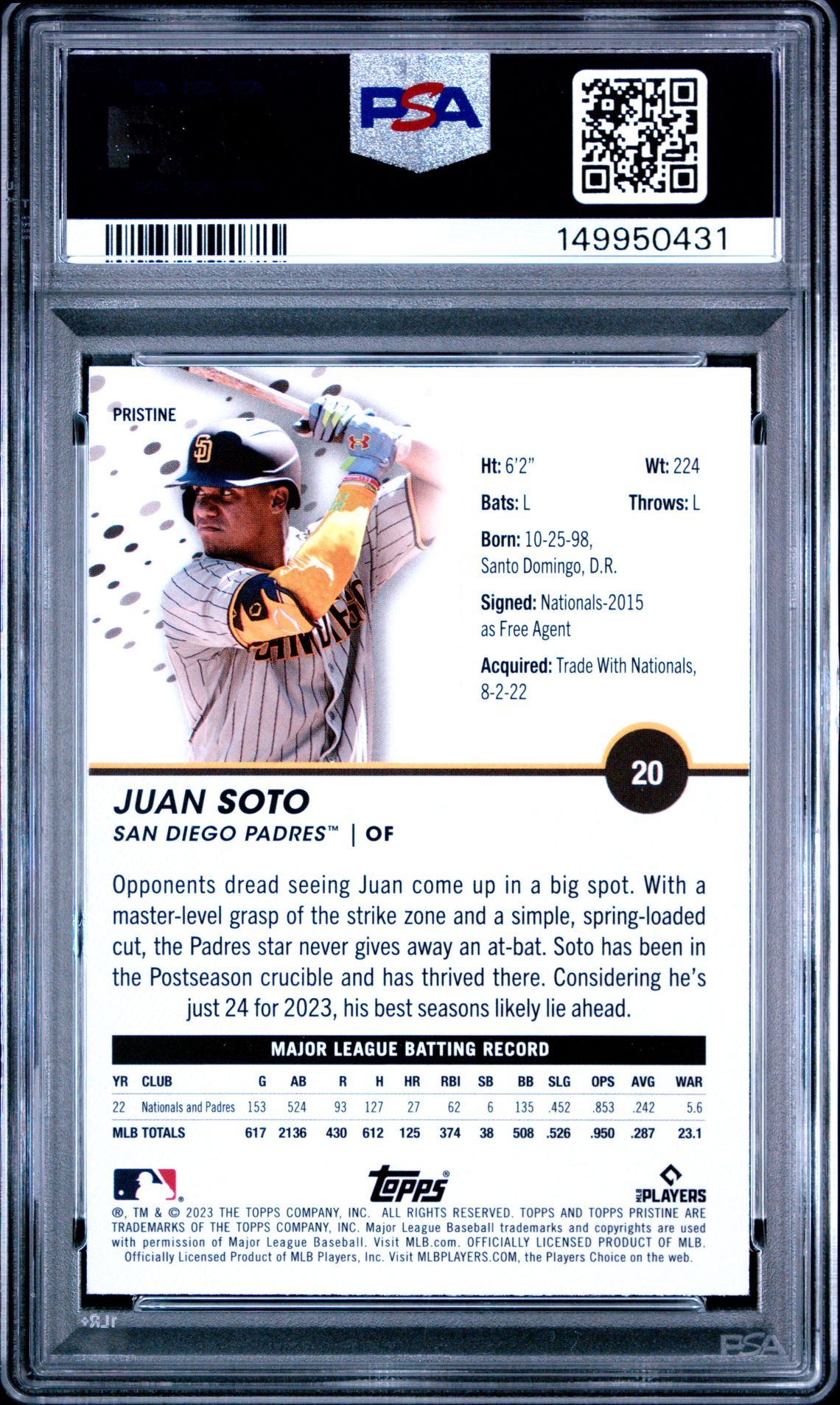 2023 Topps Pristine Juan Soto #20 (Pristine Refractor) Nm-Mt 8 back