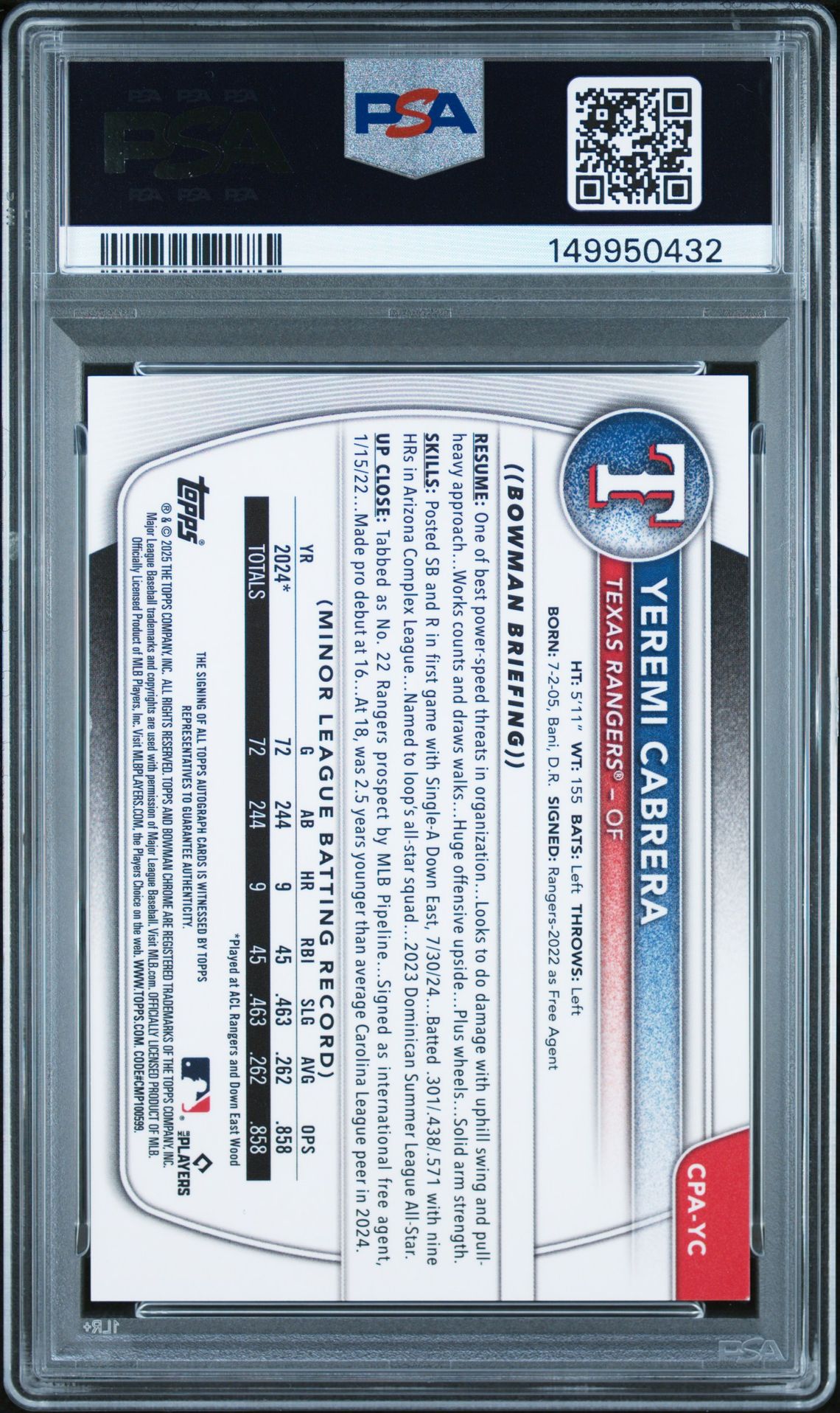 2025 Bowman Chrome Prospect Autographs Yeremi Cabrera #Cpayc (Chr Pros Au-Hta Choice Ref) Mint 9 back