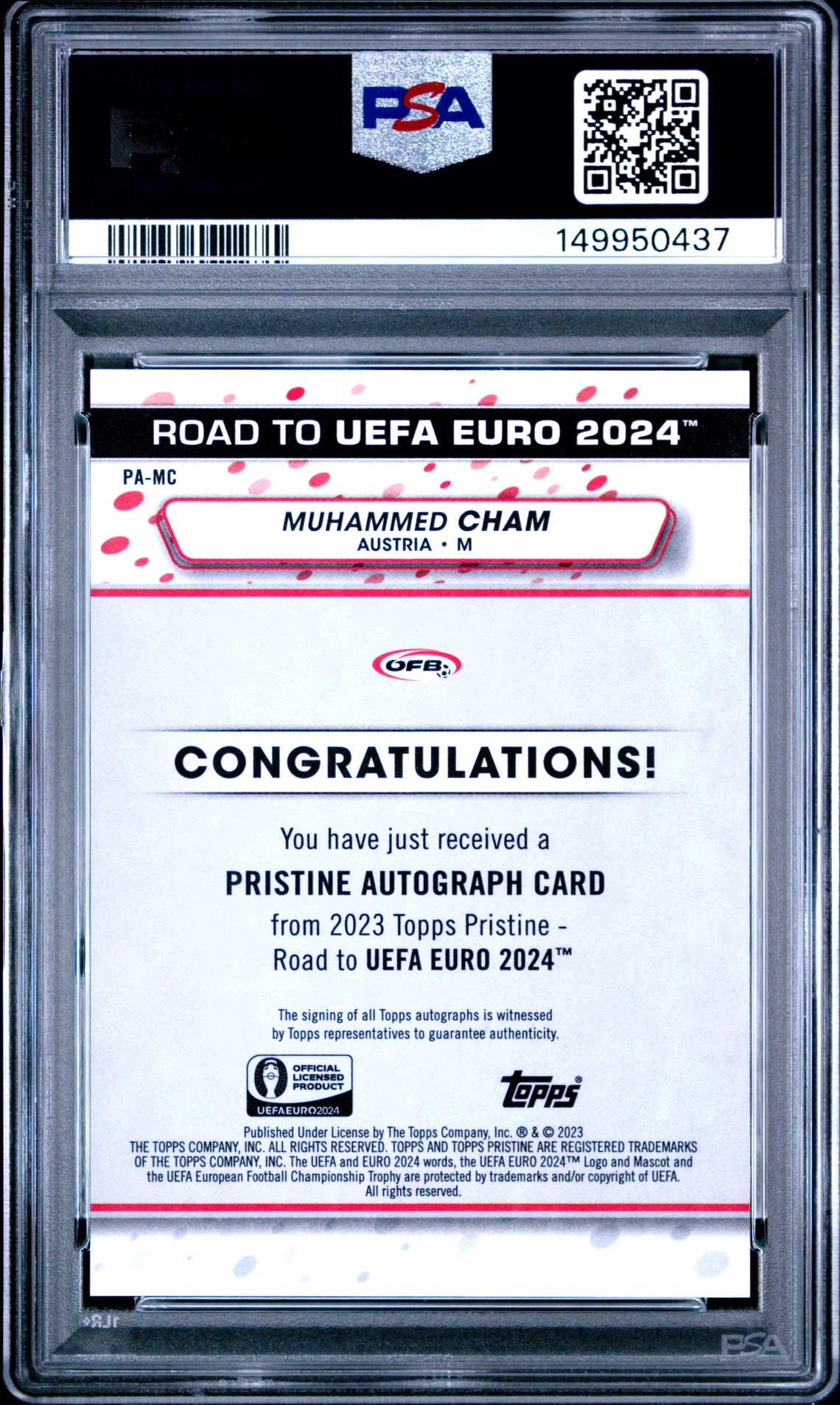 2023 Topps Pristine Road To Uefa Euro 2024 Pristine Autographs Muhammed Cham #Pamc Gem Mt 10 back view - PSA certificate #149950437