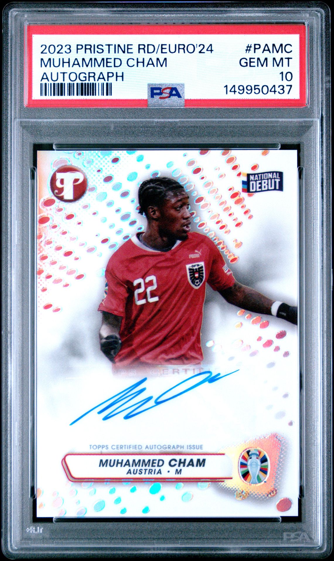 2023 Topps Pristine Road To Uefa Euro 2024 Pristine Autographs Muhammed Cham #Pamc Gem Mt 10 front view - PSA graded GEM MT 10