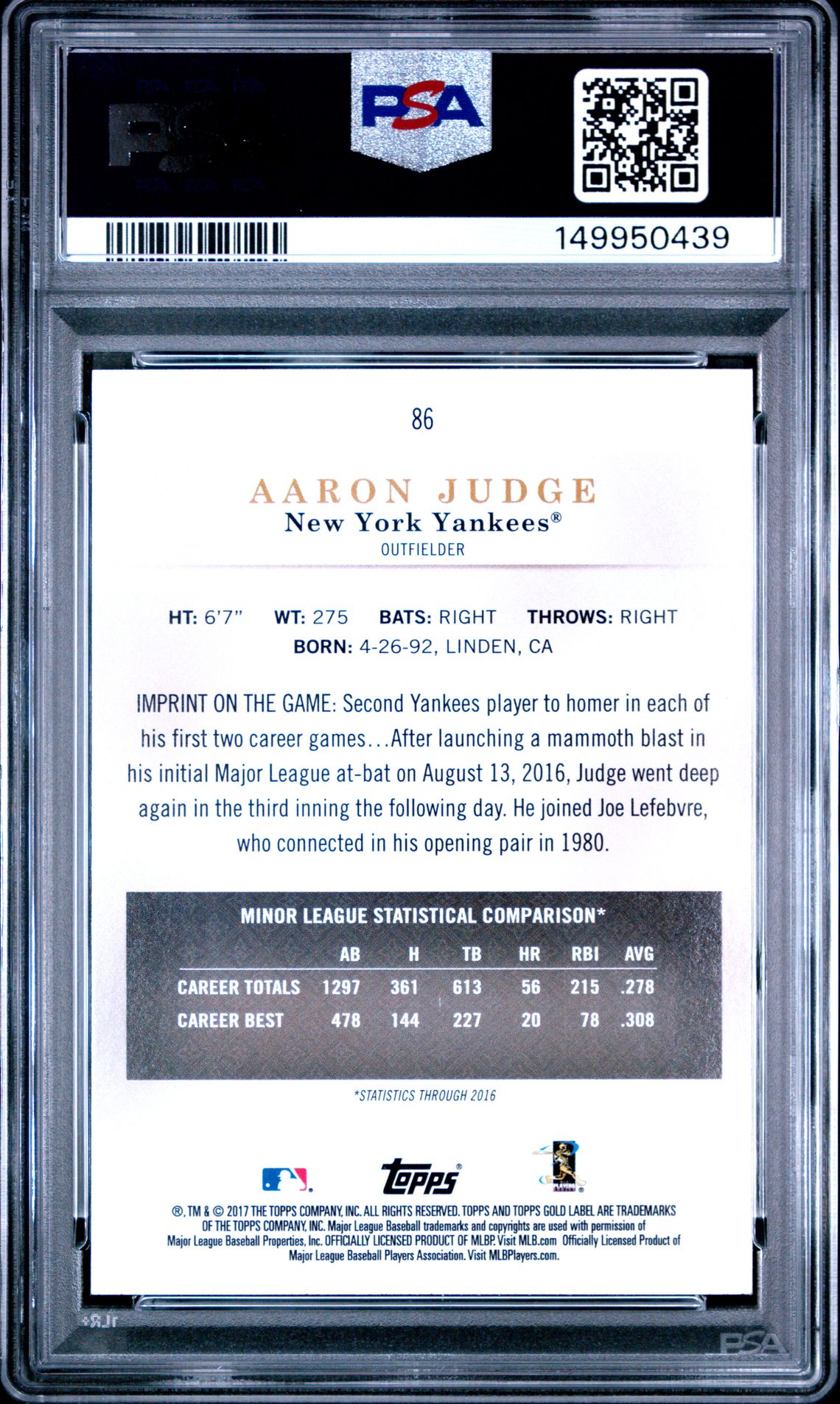 2017 Topps Gold Label Aaron Judge #86 (Class 2) Gem Mt 10 back view - PSA certificate #149950439