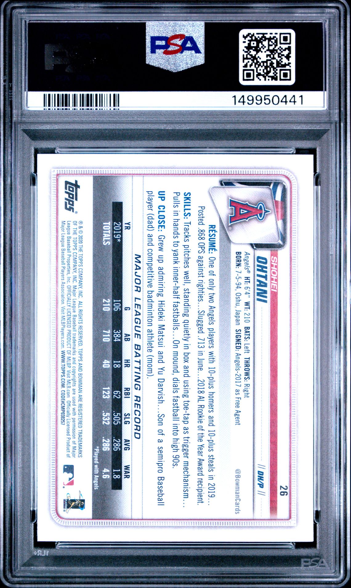 2020 Bowman Shohei Ohtani #26 Gem Mt 10 back view - PSA certificate #149950441