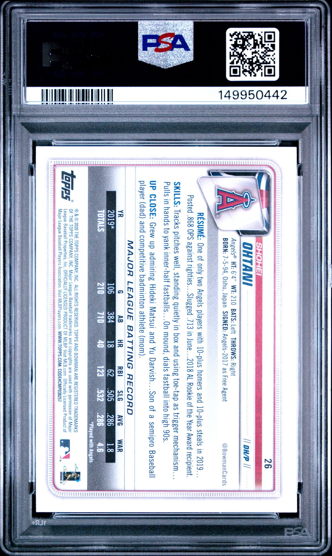 2020 Bowman Shohei Ohtani #26 Mint 9 back