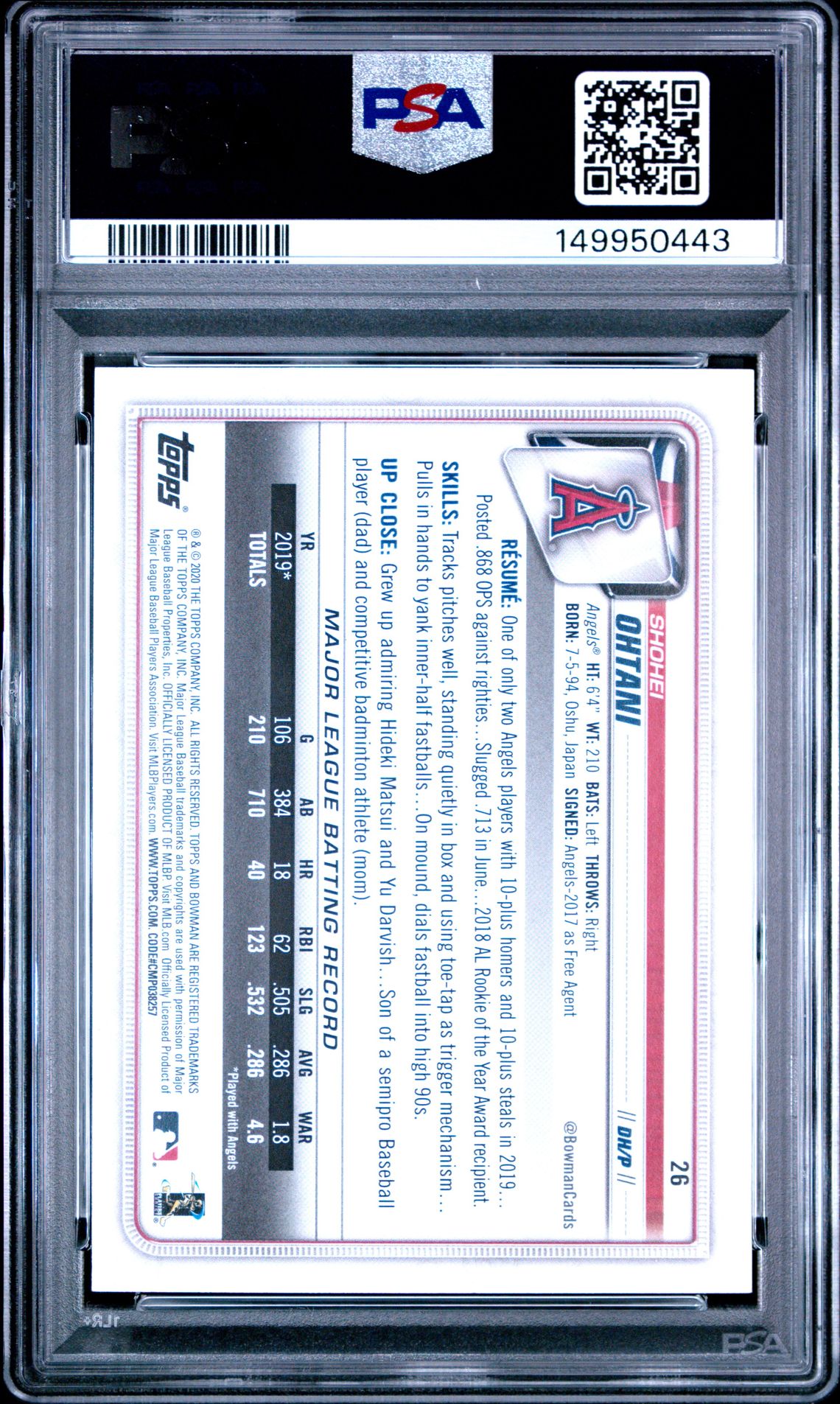 2020 Bowman Shohei Ohtani #26 Mint 9 back