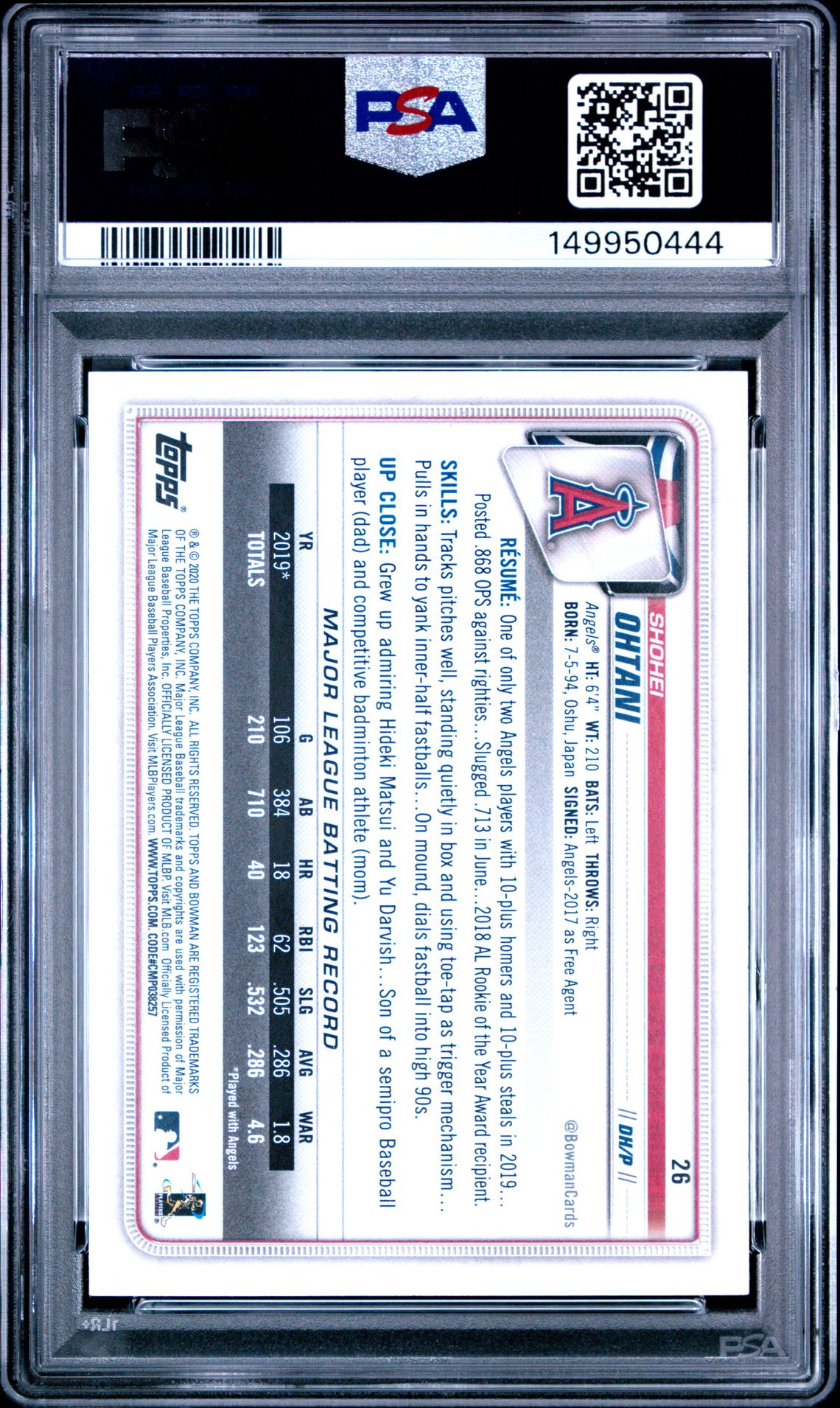 2020 Bowman Shohei Ohtani #26 Gem Mt 10 back view - PSA certificate #149950444