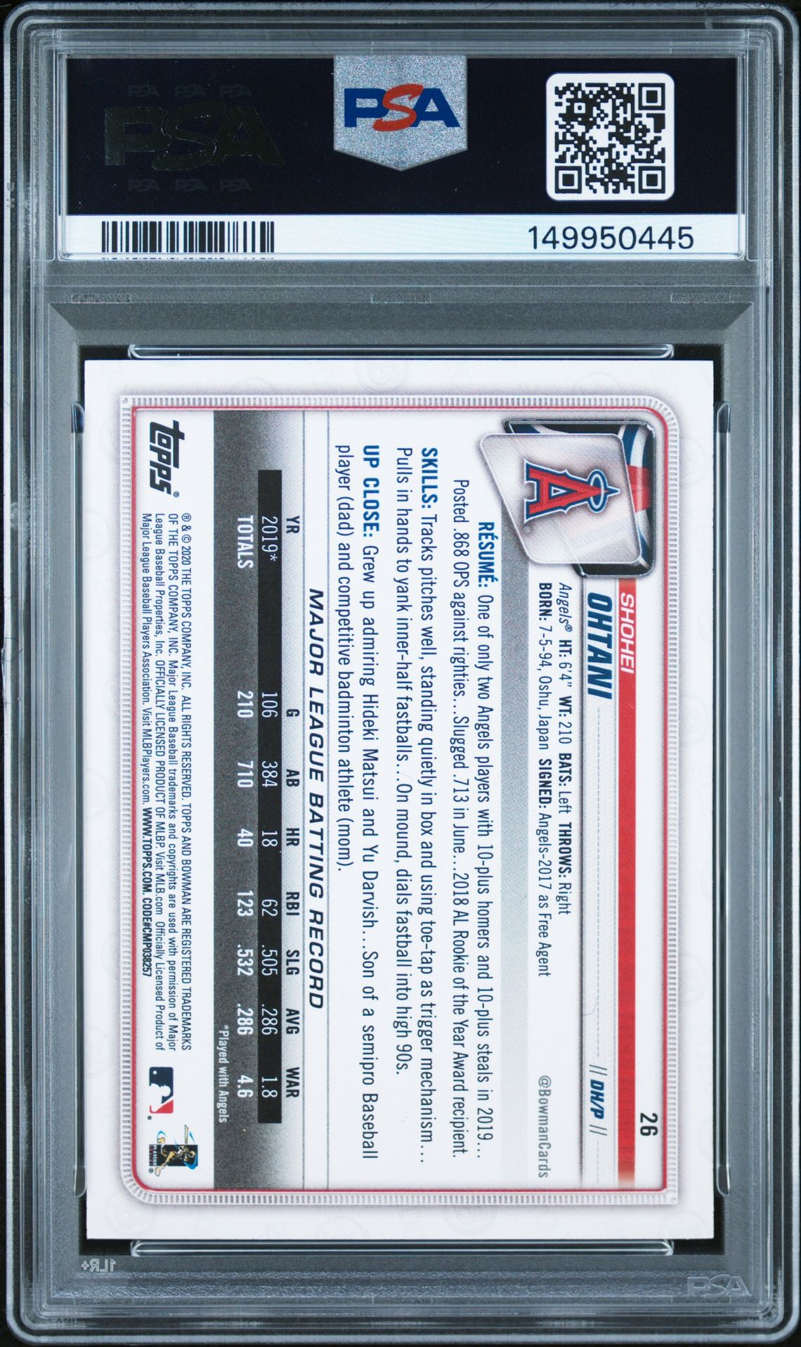 2020 Bowman Shohei Ohtani #26 Mint 9 back