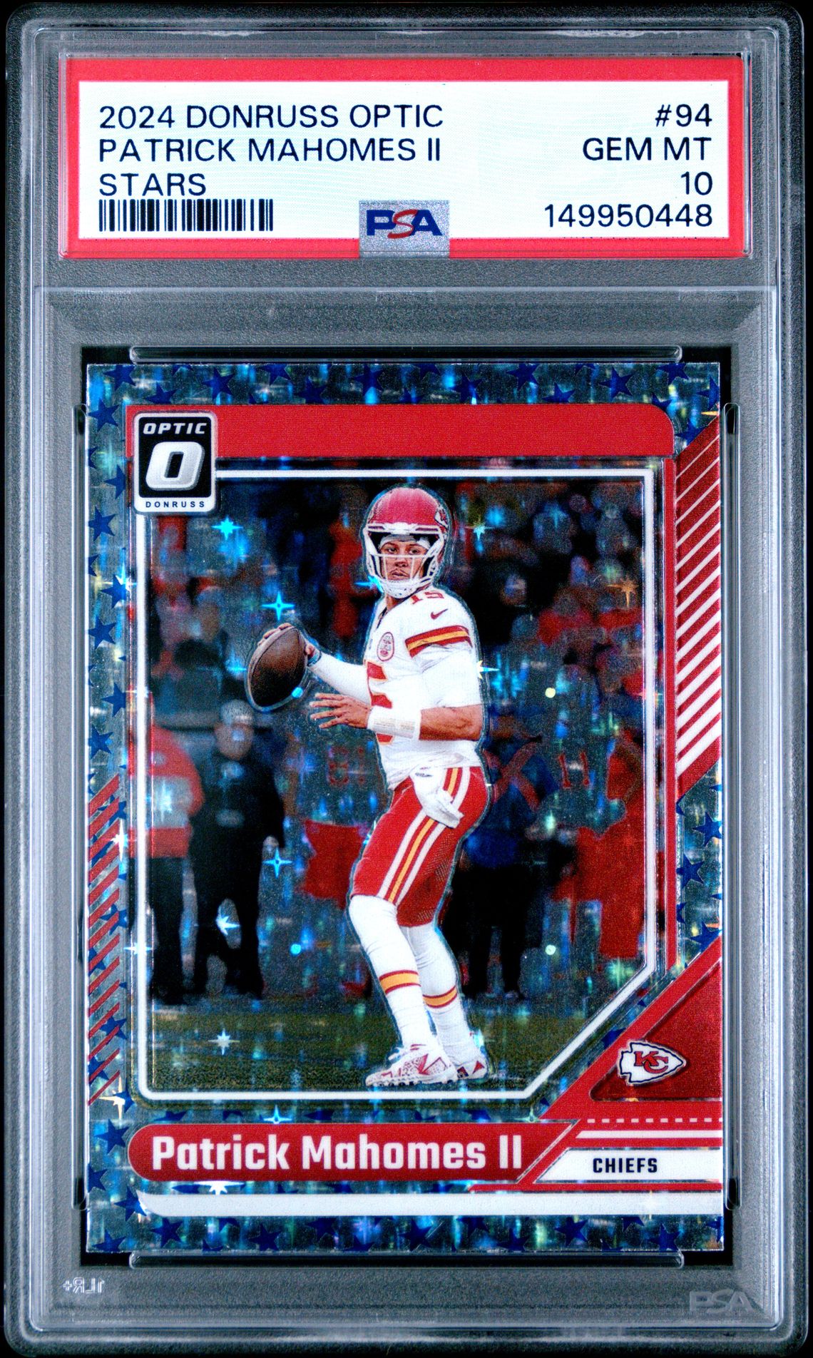 2024 Panini Donruss Optic Patrick Mahomes Ii #94 (Stars) Gem Mt 10 front view - PSA graded GEM MT 10