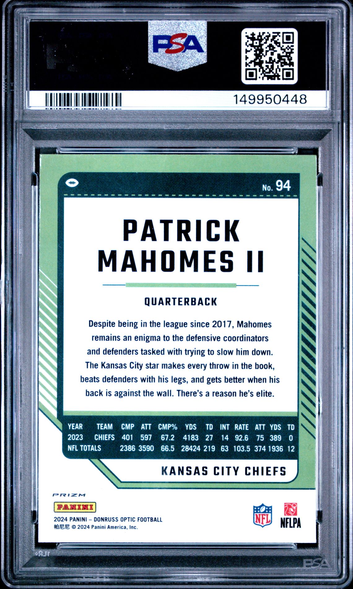 2024 Panini Donruss Optic Patrick Mahomes Ii #94 (Stars) Gem Mt 10 back view - PSA certificate #149950448