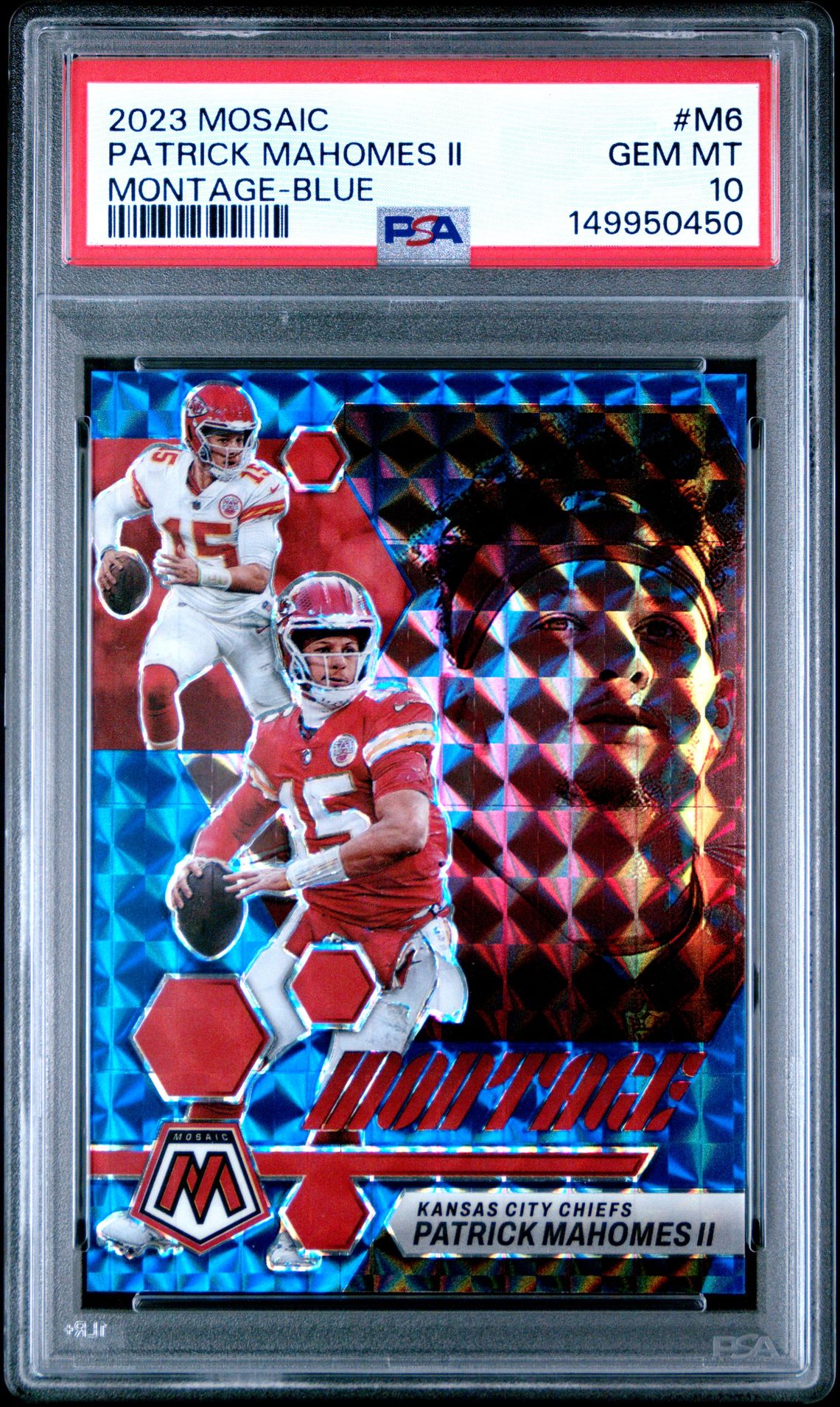 2023 Panini Mosaic Montage Patrick Mahomes Ii #M6 (Montage-Blue) Gem Mt 10 front view - PSA graded GEM MT 10