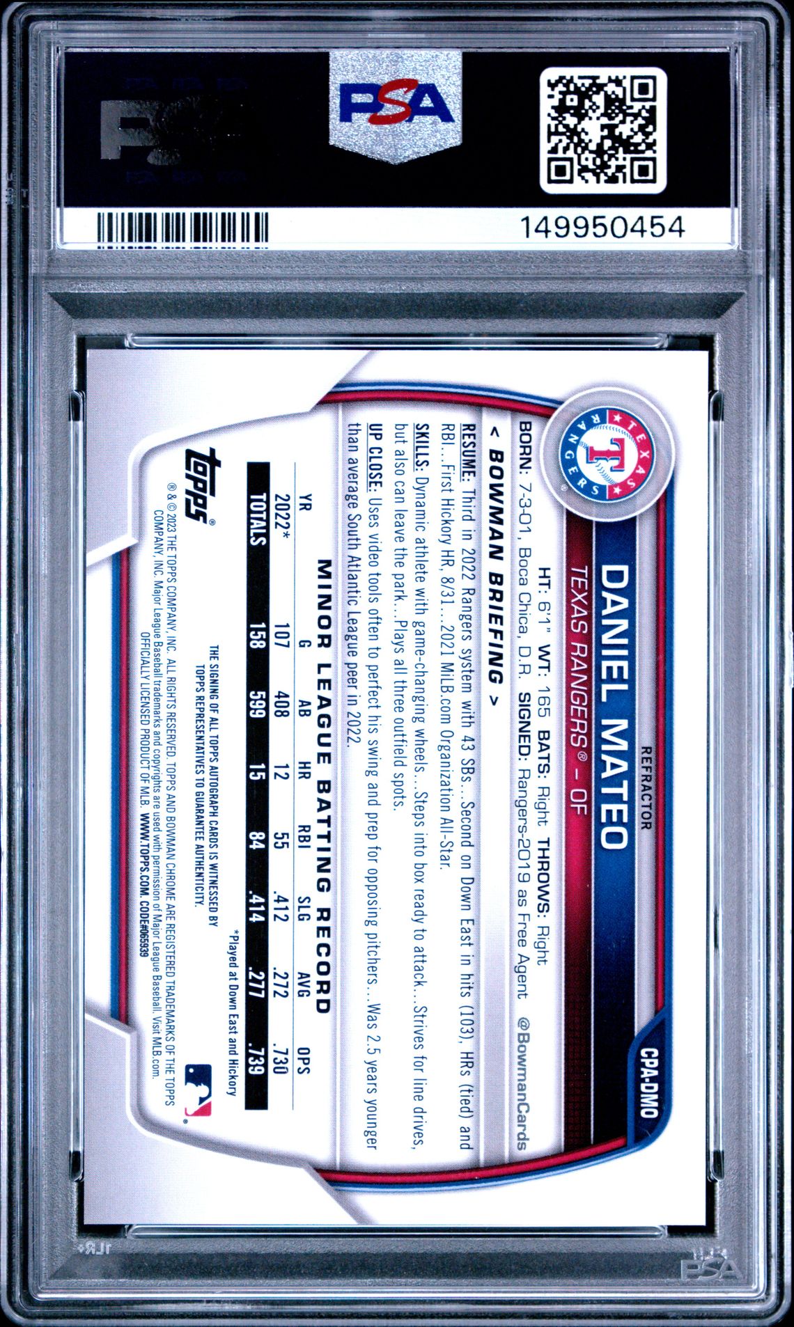 2023 Bowman Chrome Prospect Autographs Daniel Mateo #Cpadmo (Chr Pros Auto-Refractor) Mint 9 back