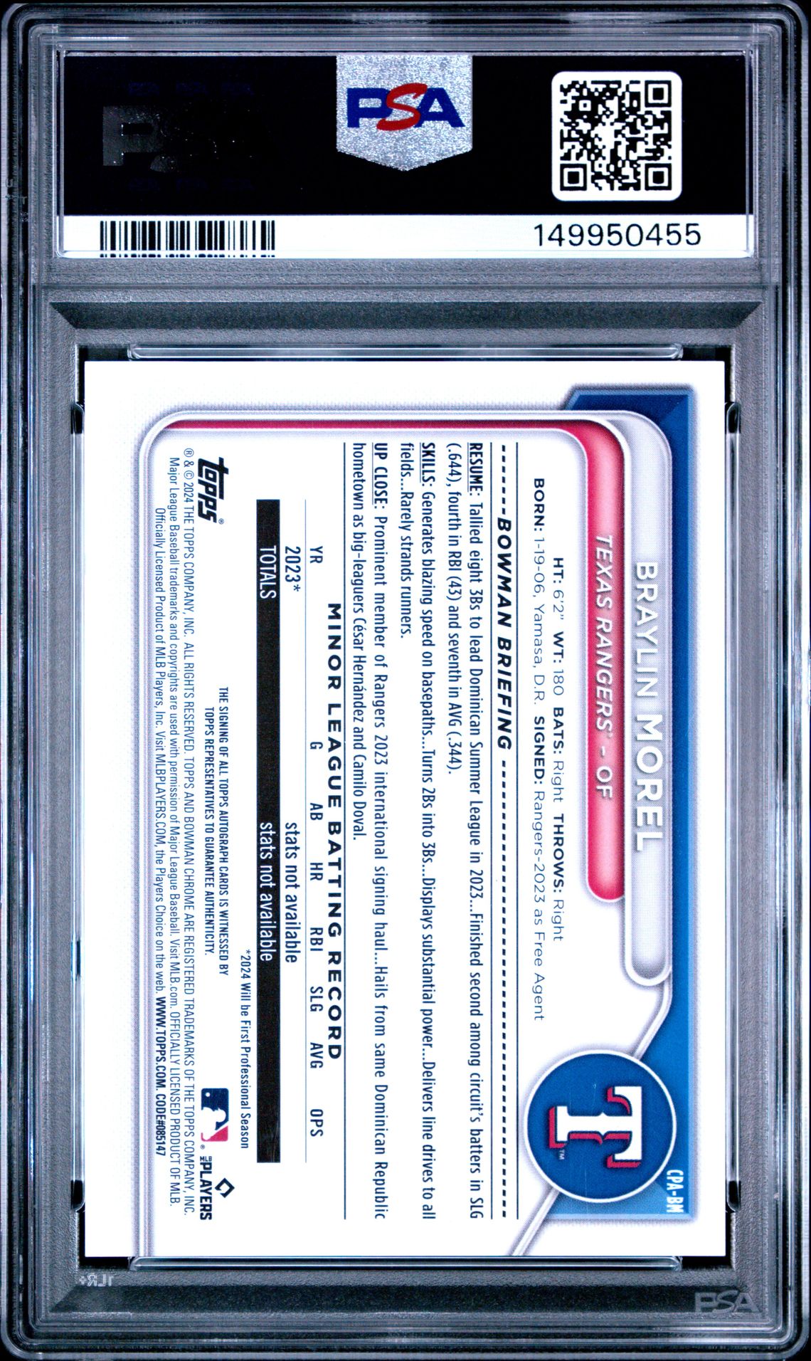 2024 Bowman Chrome Prospect Autographs Braylin Morel #Cpabm (Prospect Auto-Green Lava) Gem Mt 10 back view - PSA certificate #149950455