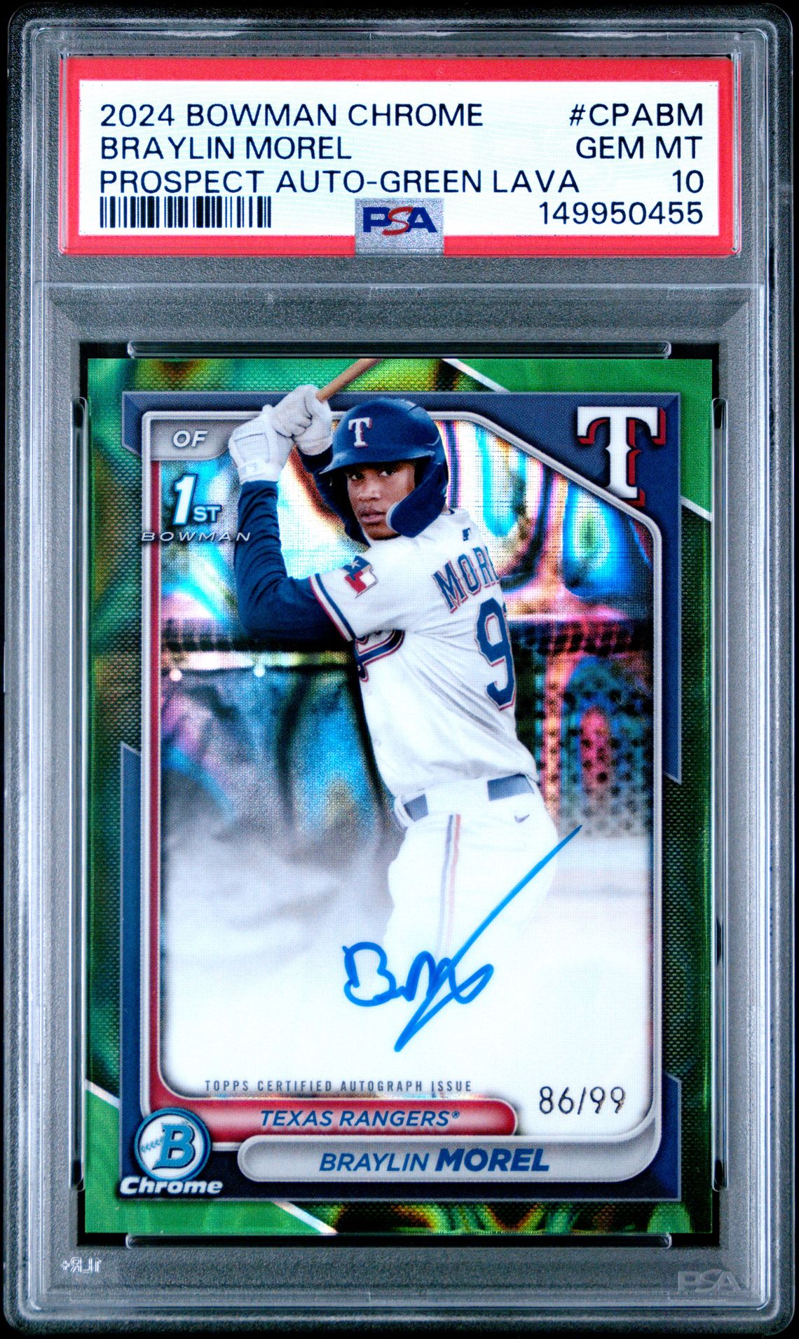 2024 Bowman Chrome Prospect Autographs Braylin Morel #Cpabm (Prospect Auto-Green Lava) Gem Mt 10 front view - PSA graded GEM MT 10