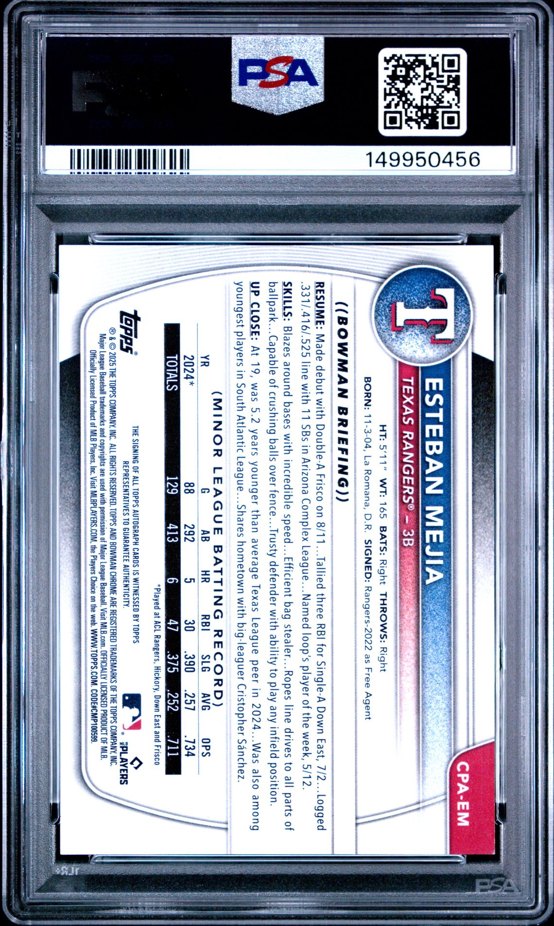 2025 Bowman Chrome Prospect Autographs Esteban Mejia #Cpaem (Chr Pros Au-Hta Choice Ref) Mint 9 back