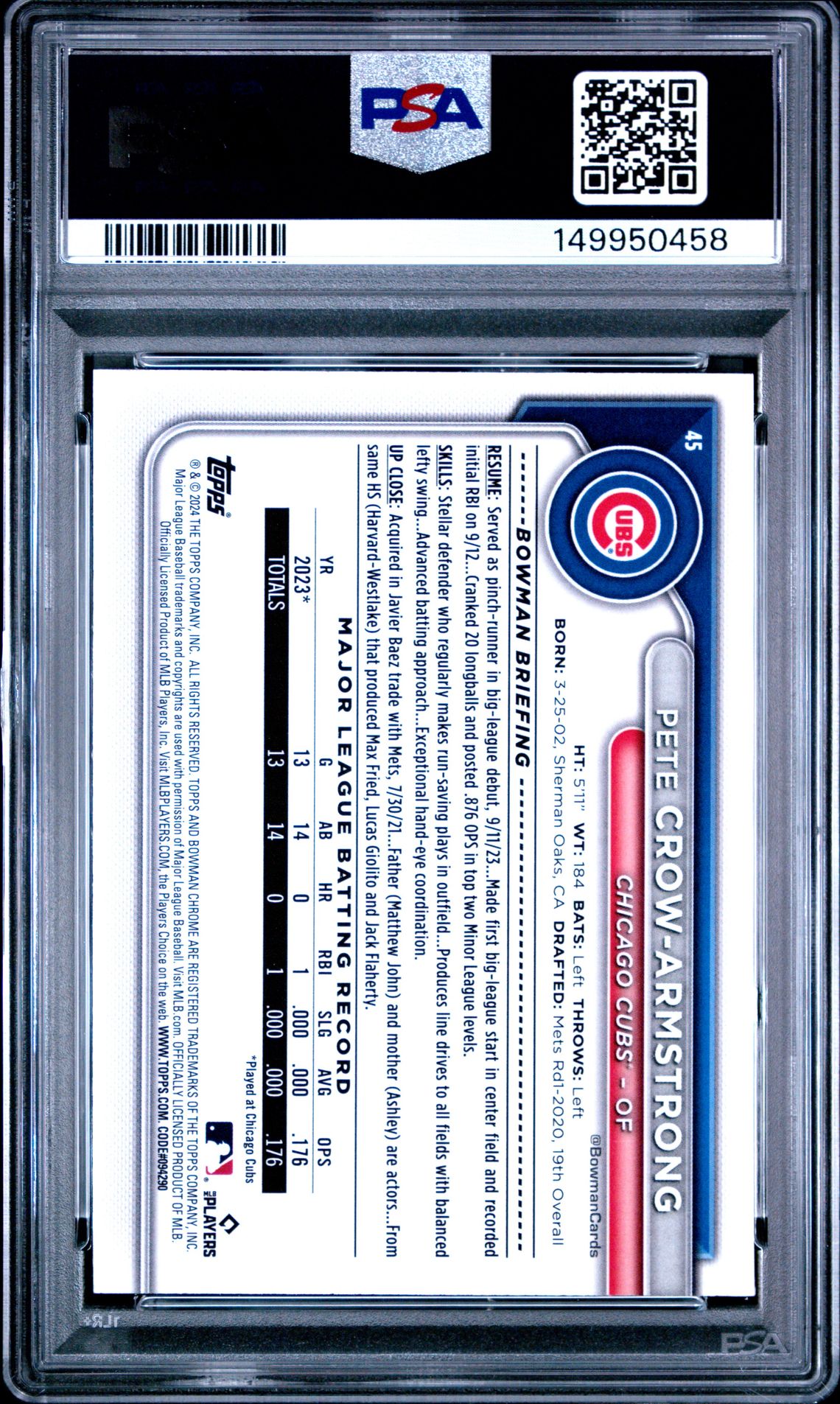2024 Bowman Chrome Mega Box Pete Crow-Armstrong #45 Gem Mt 10 back view - PSA certificate #149950458