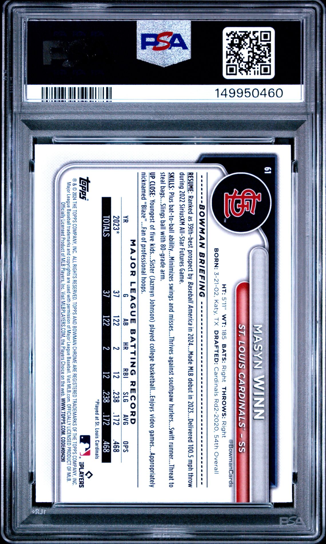 2024 Bowman Chrome Mega Box Masyn Winn #61 Gem Mt 10 back view - PSA certificate #149950460