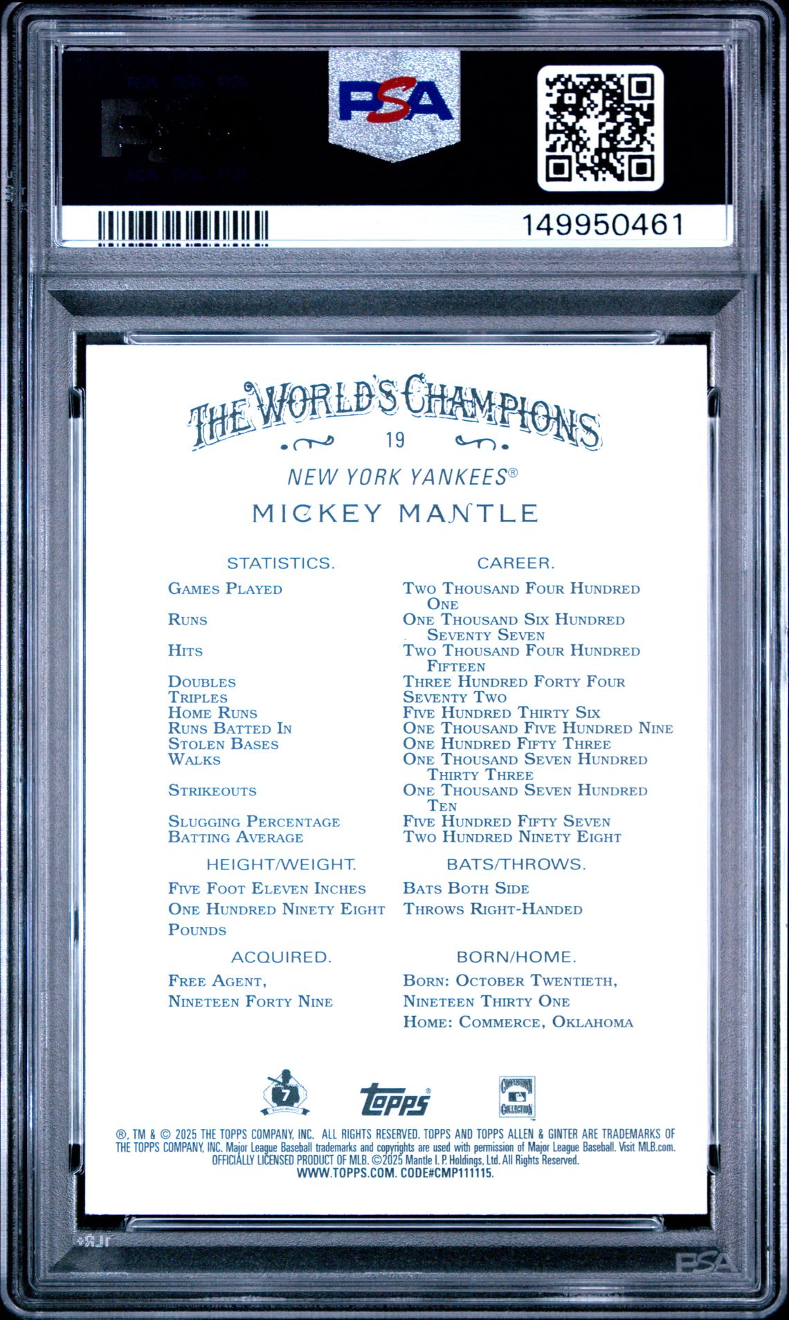 2025 Topps Allen & Ginter Mickey Mantle #19 (Silver Portrait) Mint 9 back