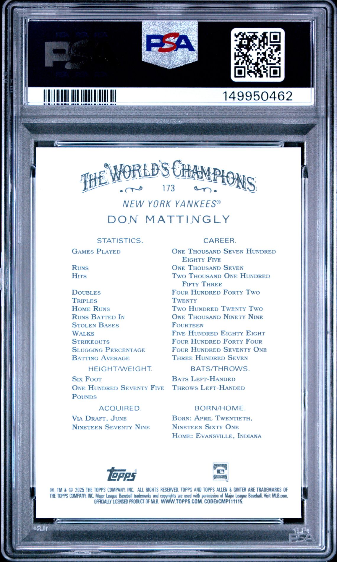2025 Topps Allen & Ginter Don Mattingly #173 (Foil Filigree) Gem Mt 10 back view - PSA certificate #149950462