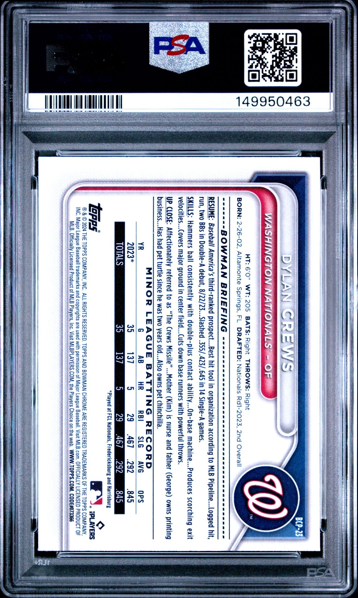 2024 Bowman Mega Box Chrome Prospects Dylan Crews #23 Gem Mt 10 back view - PSA certificate #149950463