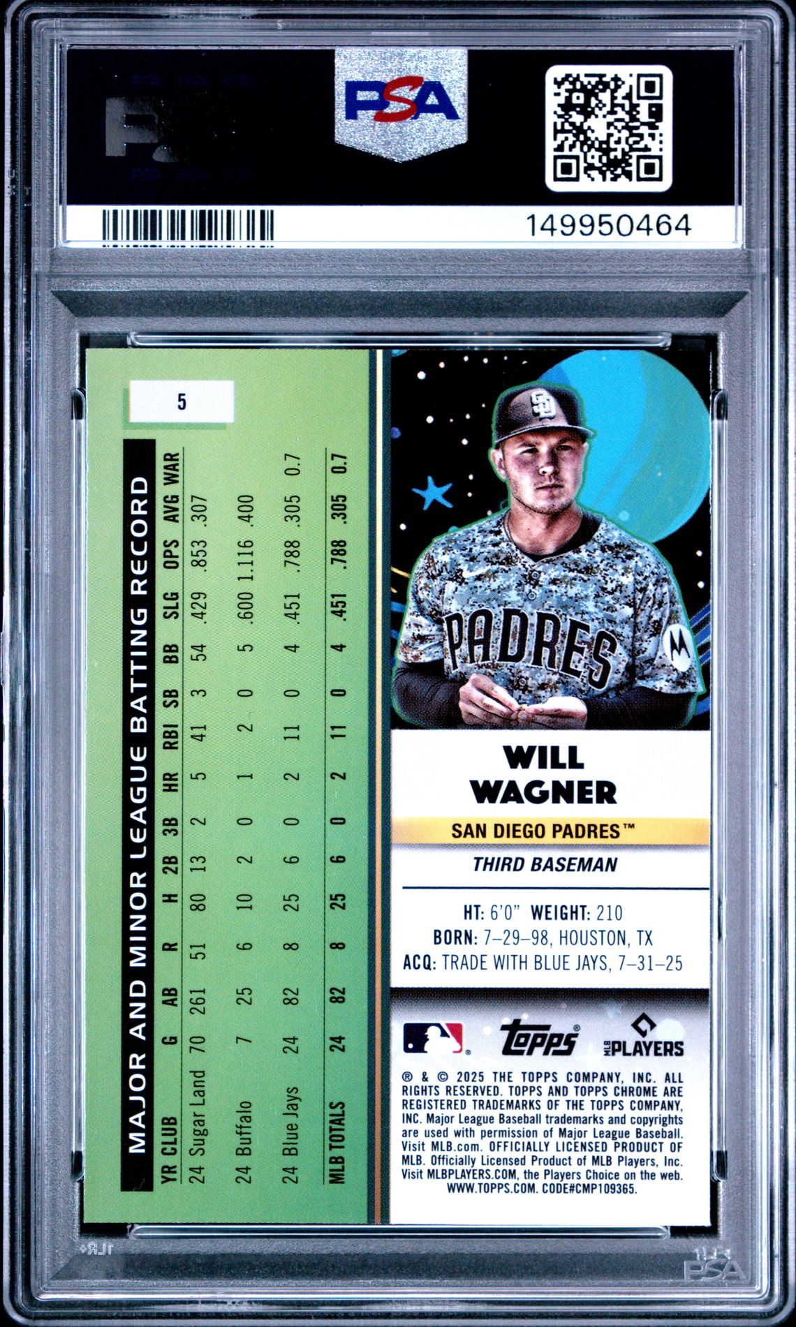 2025 Topps Cosmic Chrome Will Wagner #5 (Green Space Dust) Mint 9 back