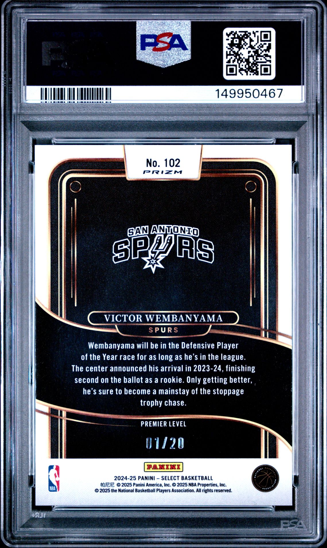 2024 Panini Select Victor Wembanyama #102 (Multi Wave) Gem Mt 10 back view - PSA certificate #149950467