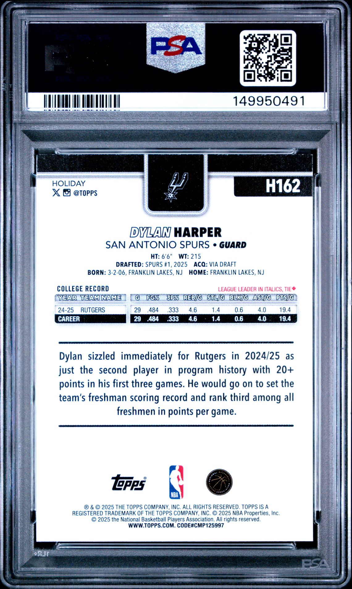 2025 Topps Holiday Dylan Harper #H162 Mint 9 back