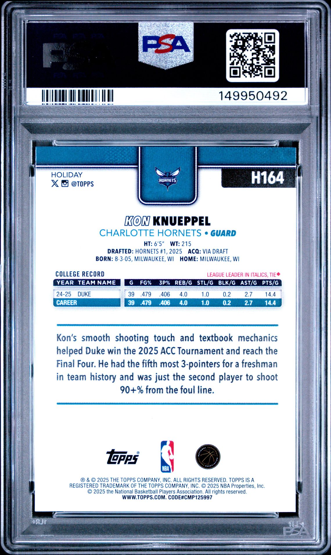 2025 Topps Holiday Kon Knueppel #H164 Nm-Mt 8 back