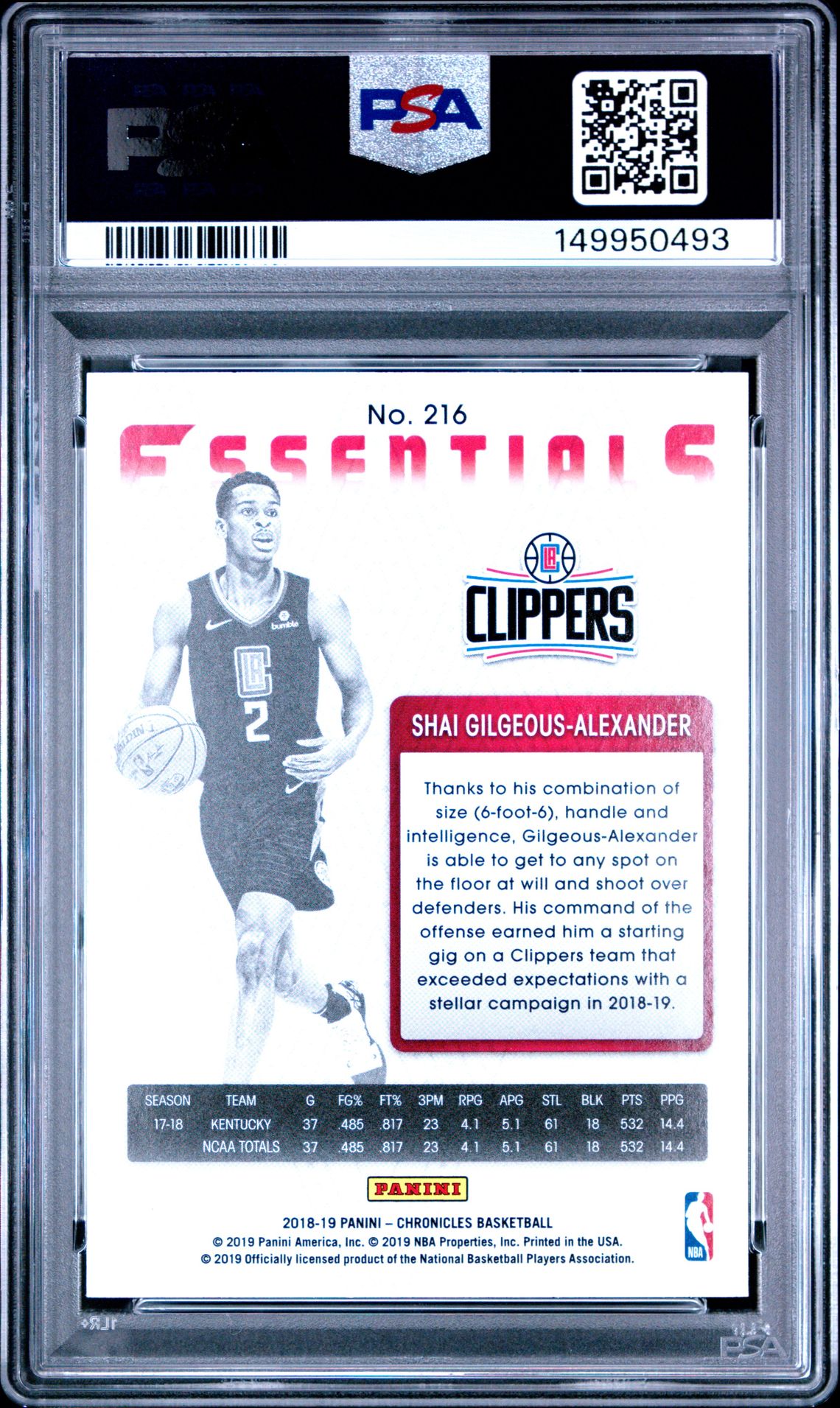 2018 Panini Chronicles S.gilgeous-Alexander #216 Mint 9 back
