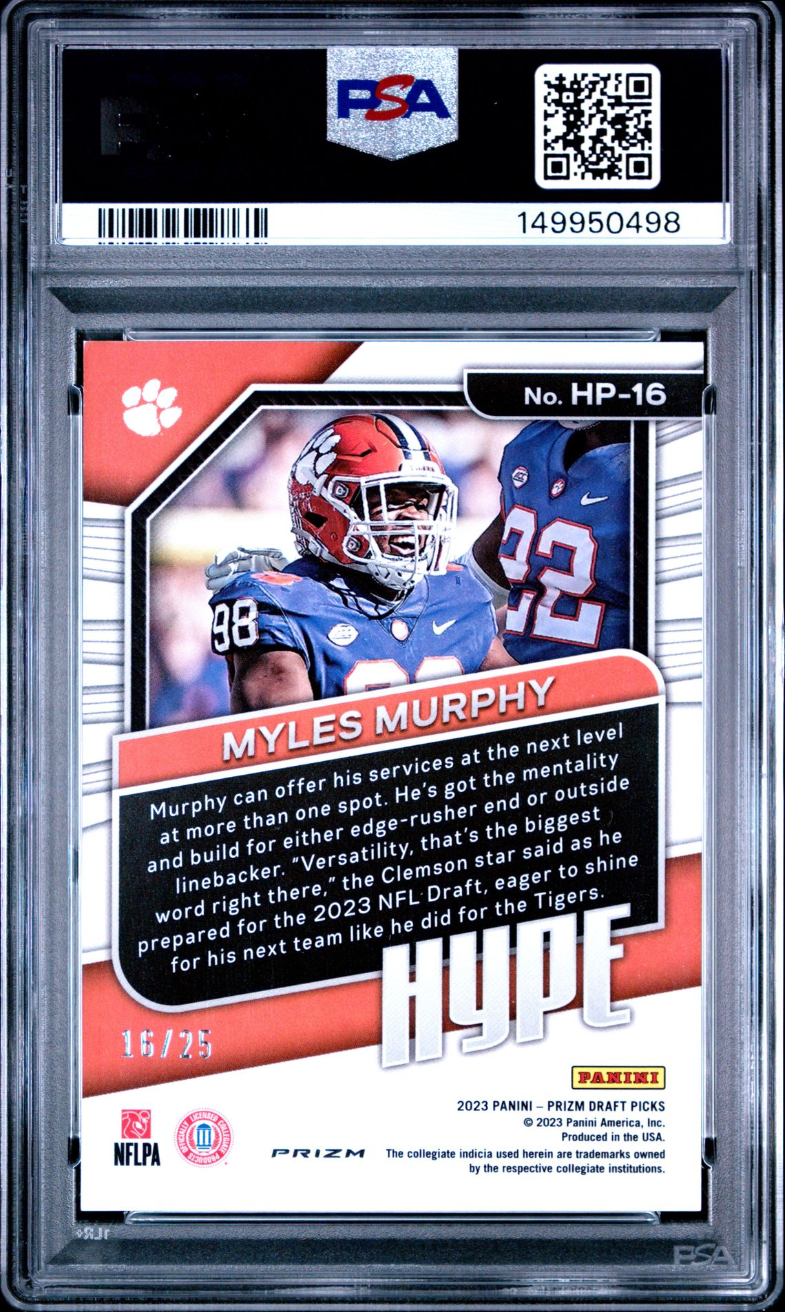 2023 Panini Prizm Draft Picks Hype Myles Murphy #Hp16 (Hype-Mojo Prizm) Mint 9 back