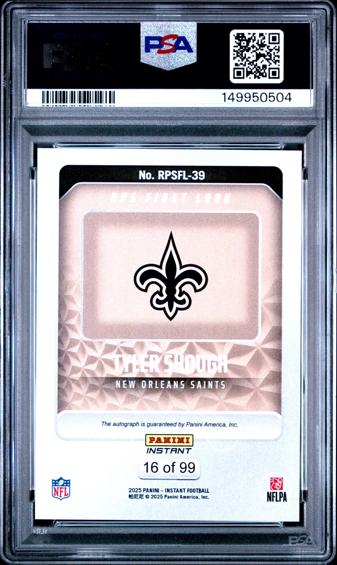 2025 Panini Instant Nfl Rps First Look Tyler Shough #Rpsfl39 (Rps First Look-Autograph) Gem Mt 10 back
