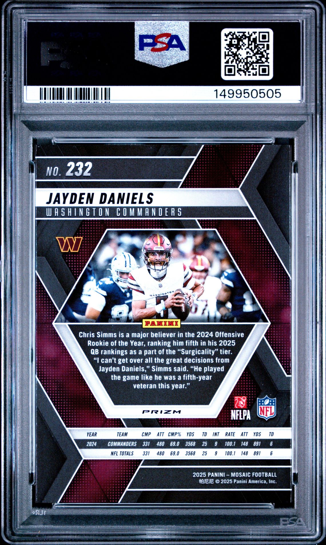 2025 Panini Mosaic Jayden Daniels #232 (Blue Scope) Gem Mt 10 back