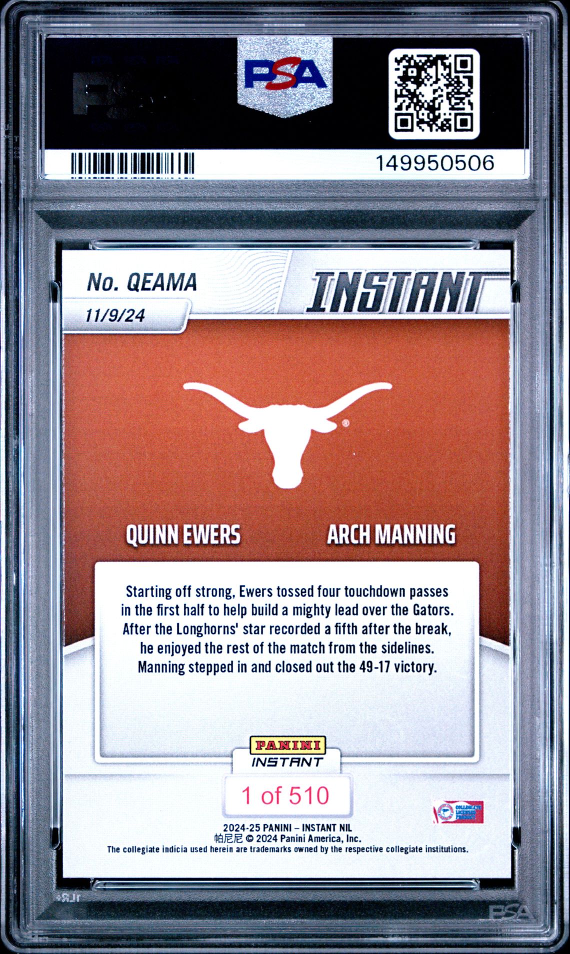 2024 Panini Instant Nil College Football Q.ewers/A.manning #Qeama Gem Mt 10 back