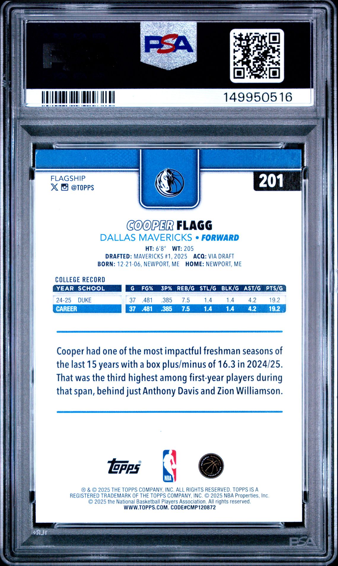 2025 Topps Cooper Flagg #201 Mint 9 back