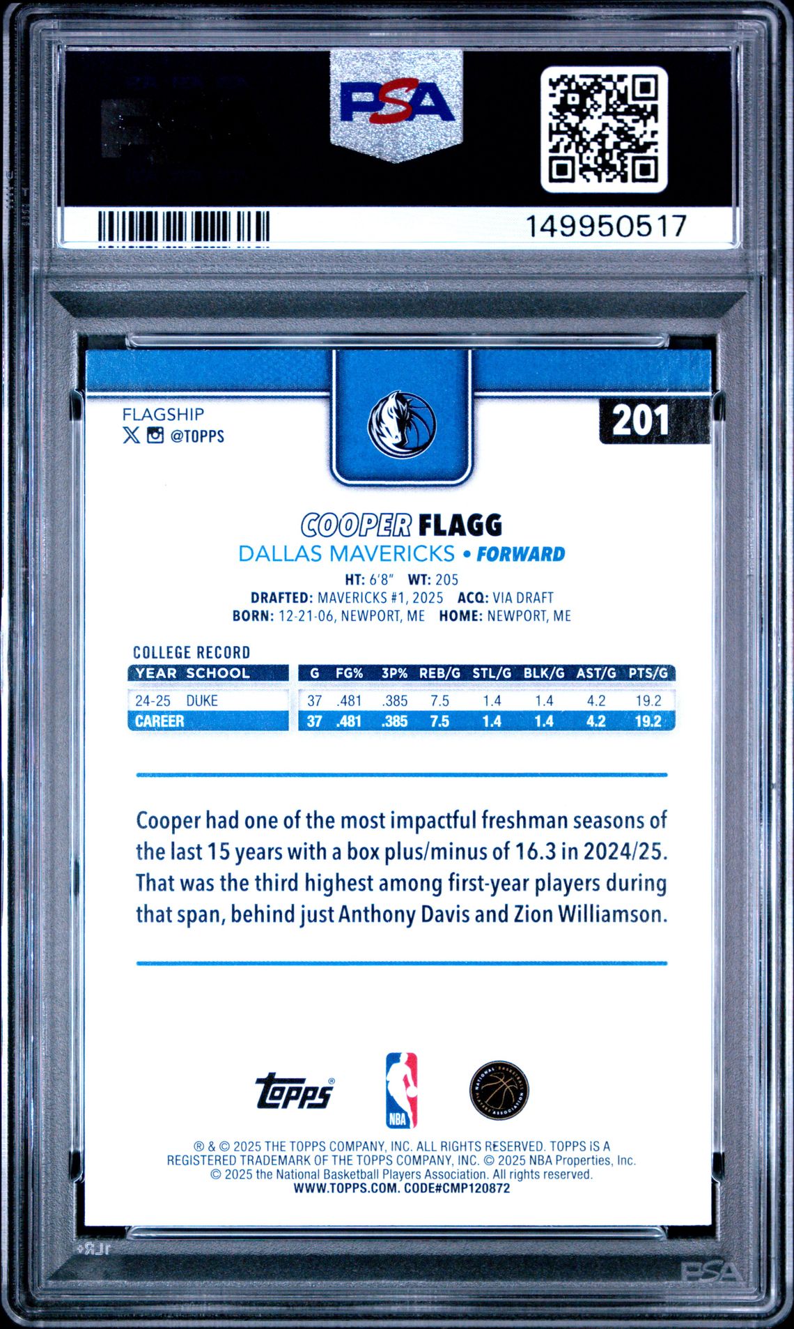 2025 Topps Cooper Flagg #201 Mint 9 back