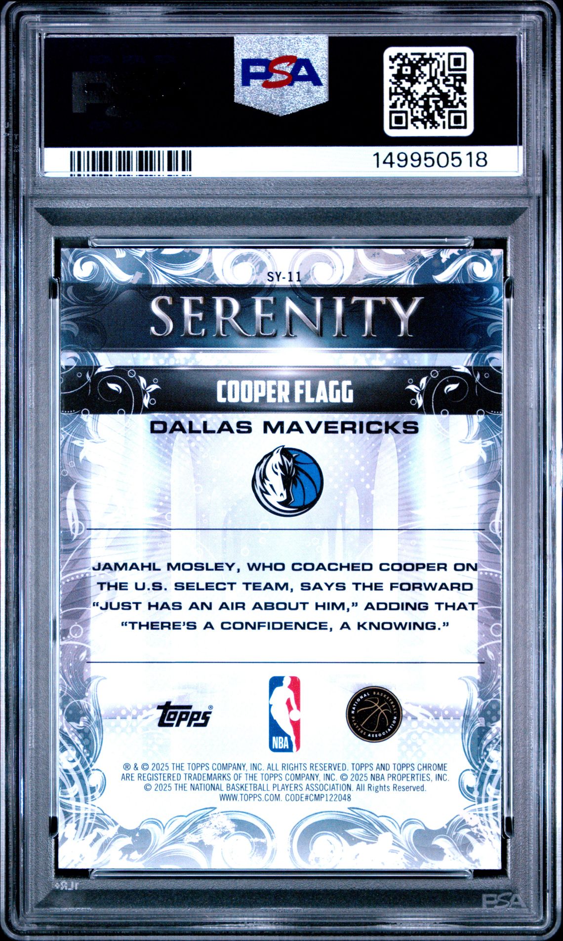 2025 Topps Chrome Serenity Cooper Flagg #Sy-11 Gem Mt 10 back view - PSA certificate #149950518
