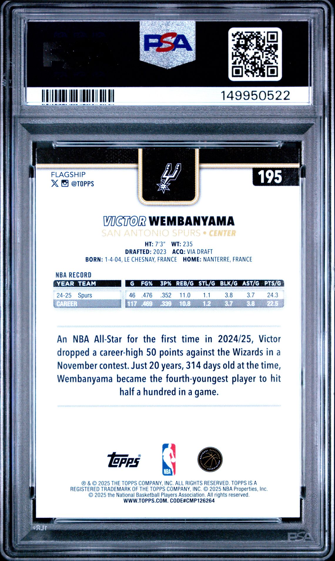 2025 Topps Victor Wembanyama #195 (Blackout) Mint 9 back