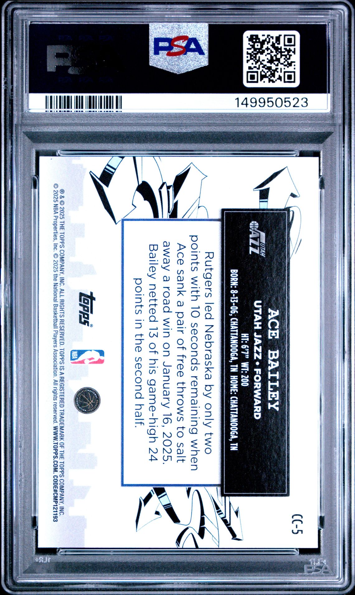 2025 Topps Clutch City Prospects Ace Bailey #Cc-5 Gem Mt 10 back