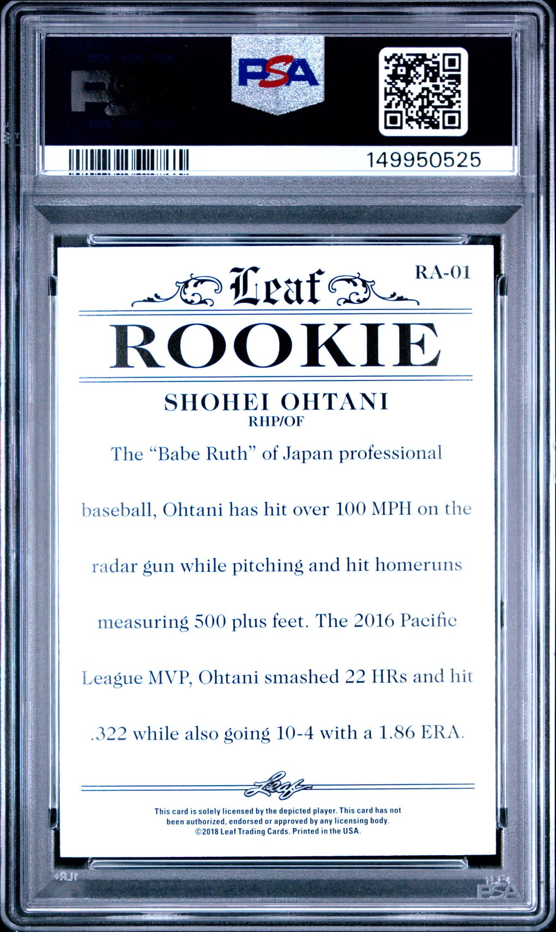 2018 Leaf Rookie Ohtani Achievement Shohei Ohtani #Ra-01 (Achievement) Gem Mt 10 back