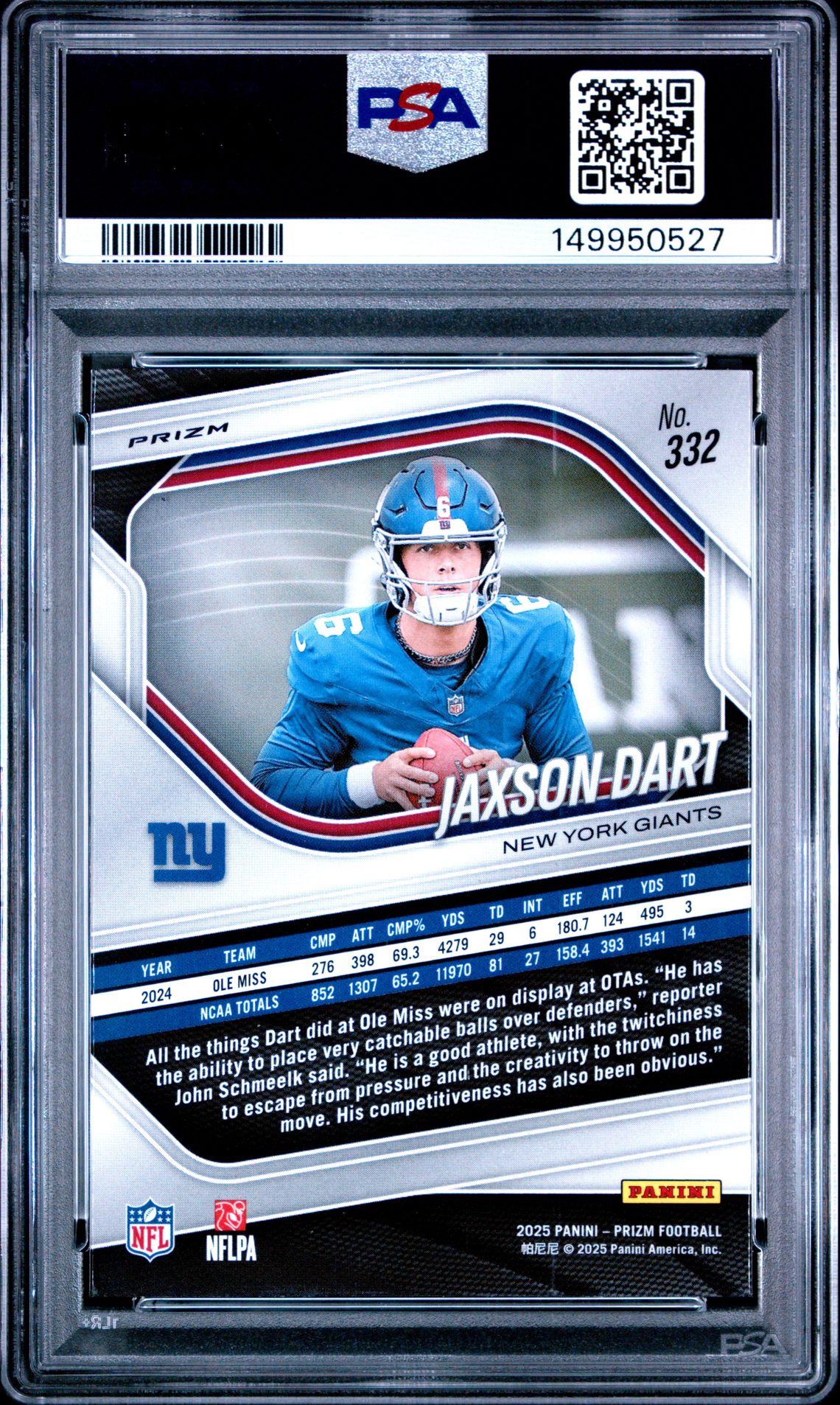 2025 Panini Prizm Jaxson Dart #332 (White Disco) Gem Mt 10 back
