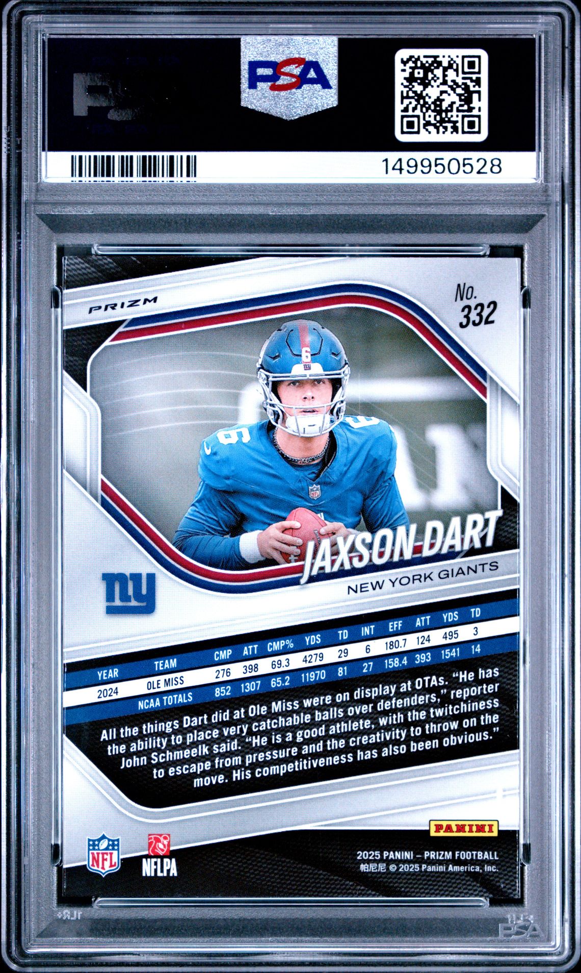 2025 Panini Prizm Jaxson Dart #332 (Lazer Prizm) Gem Mt 10 back