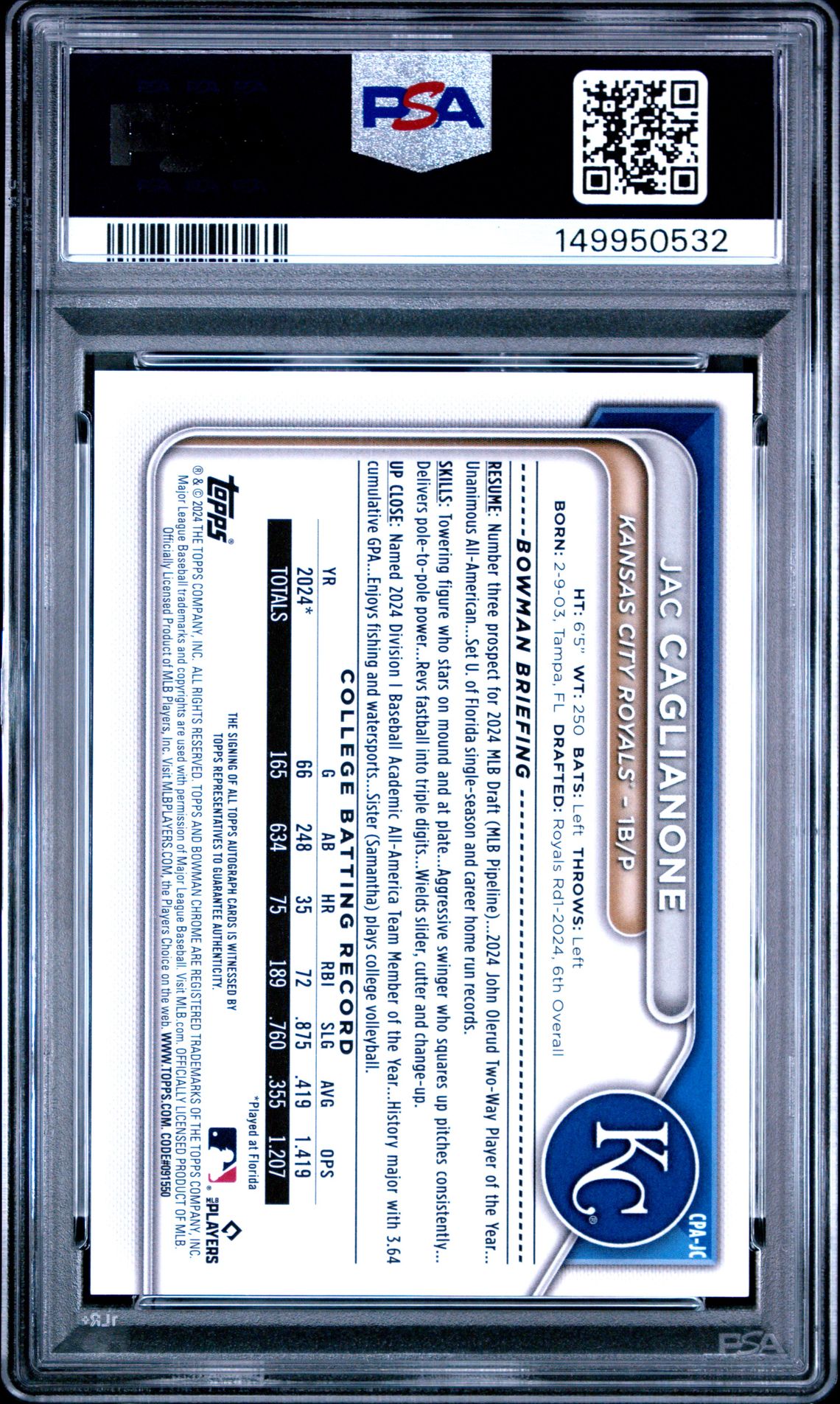 2024 Bowman Draft Chrome Prospect Autographs Jac Caglianone #Cpajc Gem Mt 10 back