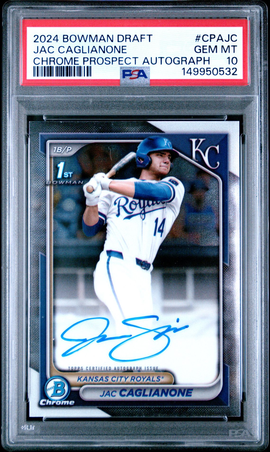 2024 Bowman Draft Chrome Prospect Autographs Jac Caglianone #Cpajc Gem Mt 10 front